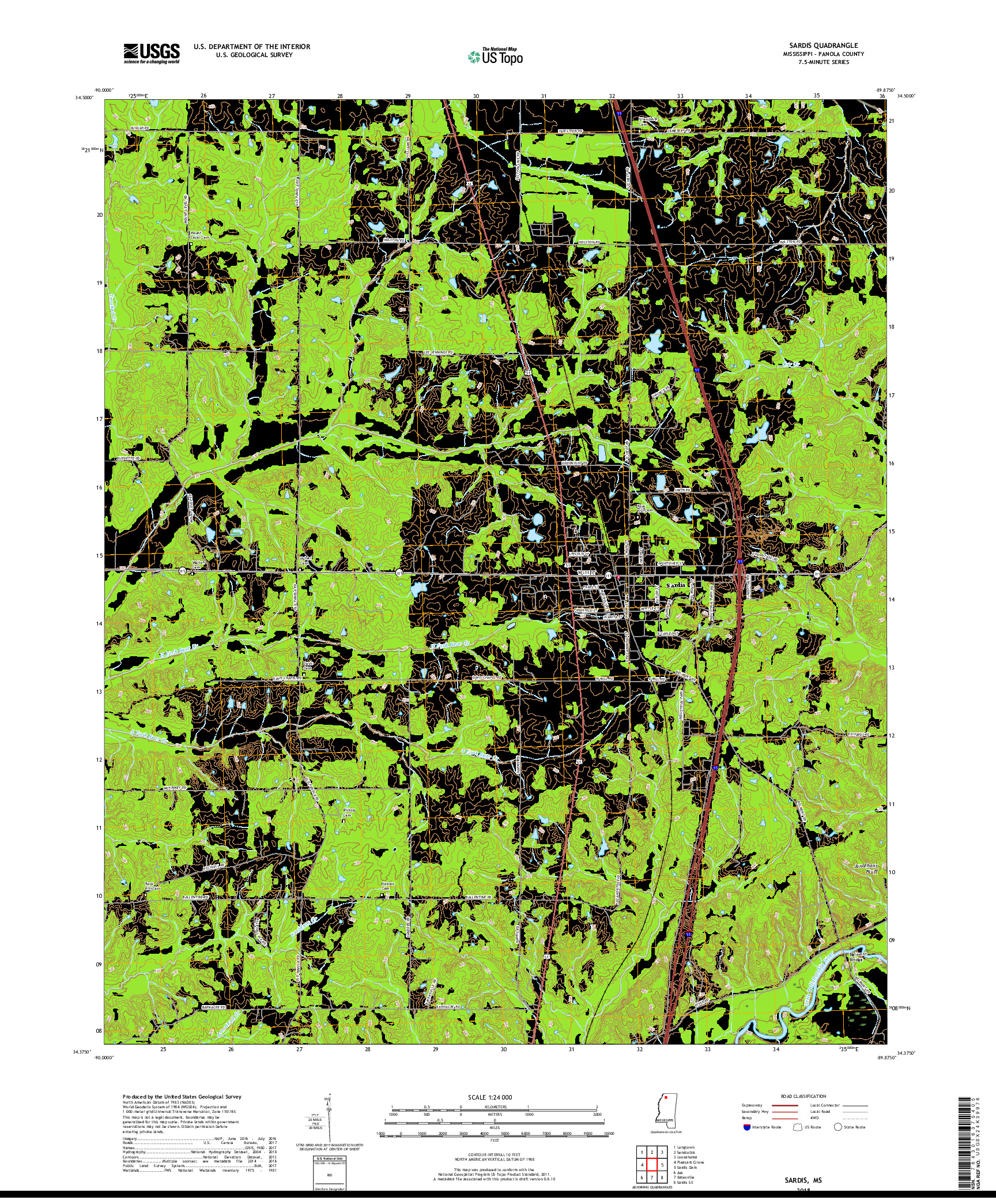 USGS US TOPO 7.5-MINUTE MAP FOR SARDIS, MS 2018