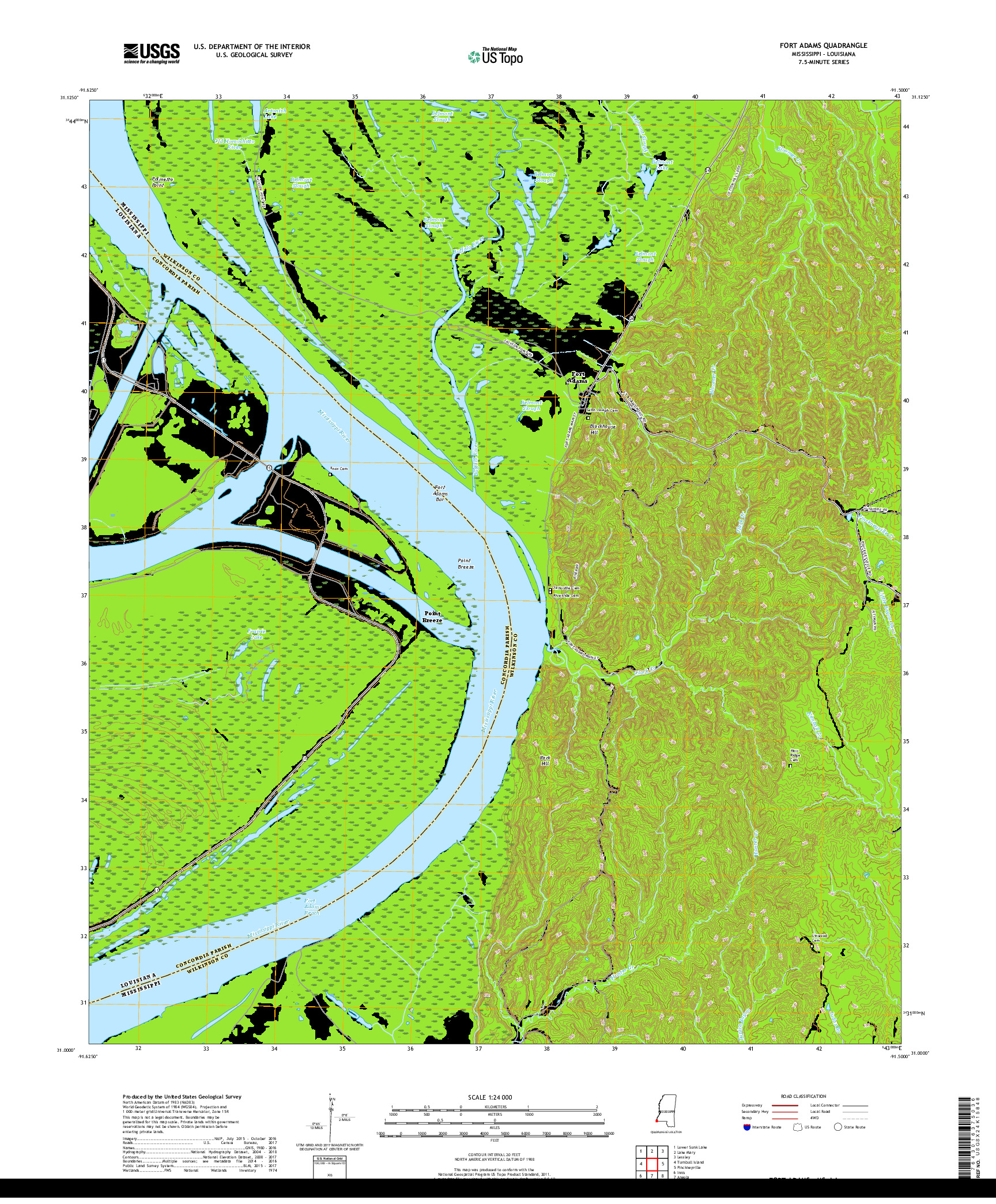 USGS US TOPO 7.5-MINUTE MAP FOR FORT ADAMS, MS,LA 2018