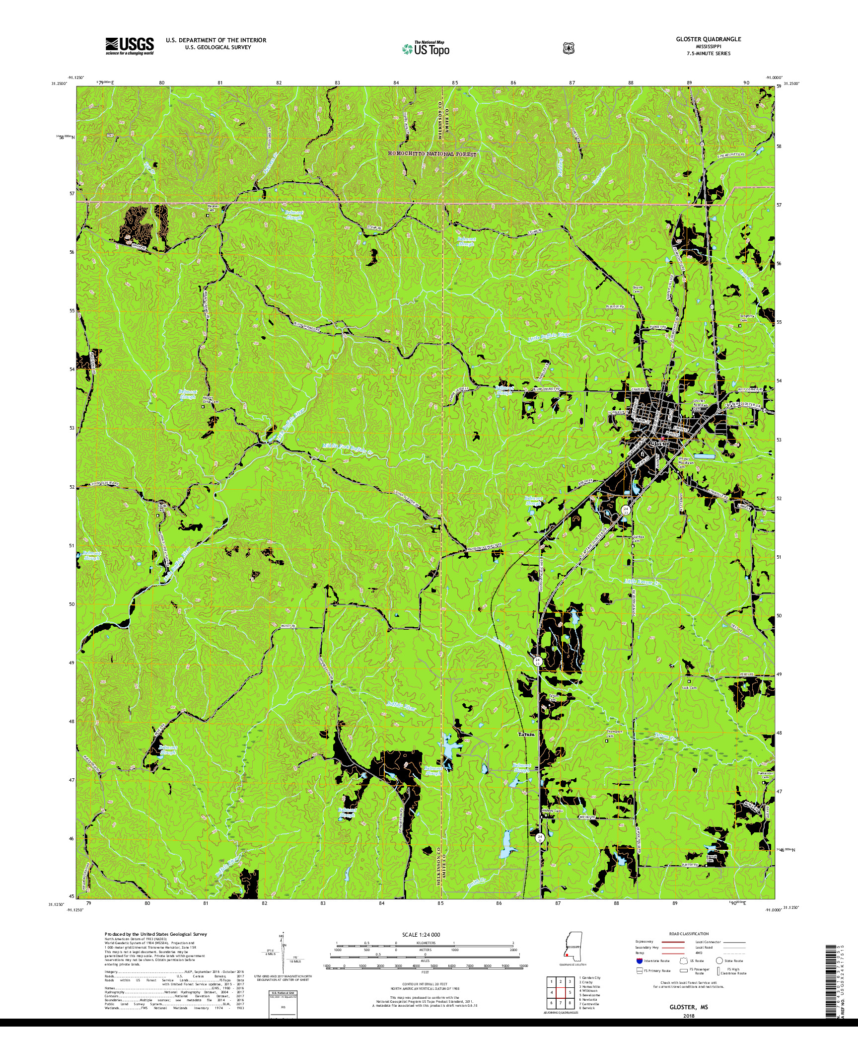 USGS US TOPO 7.5-MINUTE MAP FOR GLOSTER, MS 2018