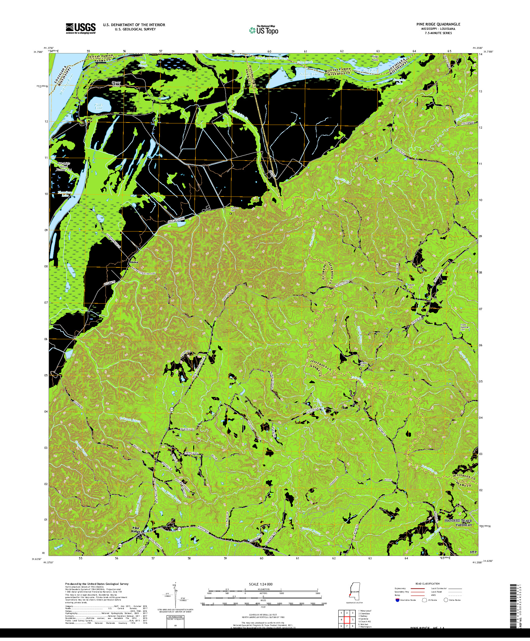 USGS US TOPO 7.5-MINUTE MAP FOR PINE RIDGE, MS,LA 2018