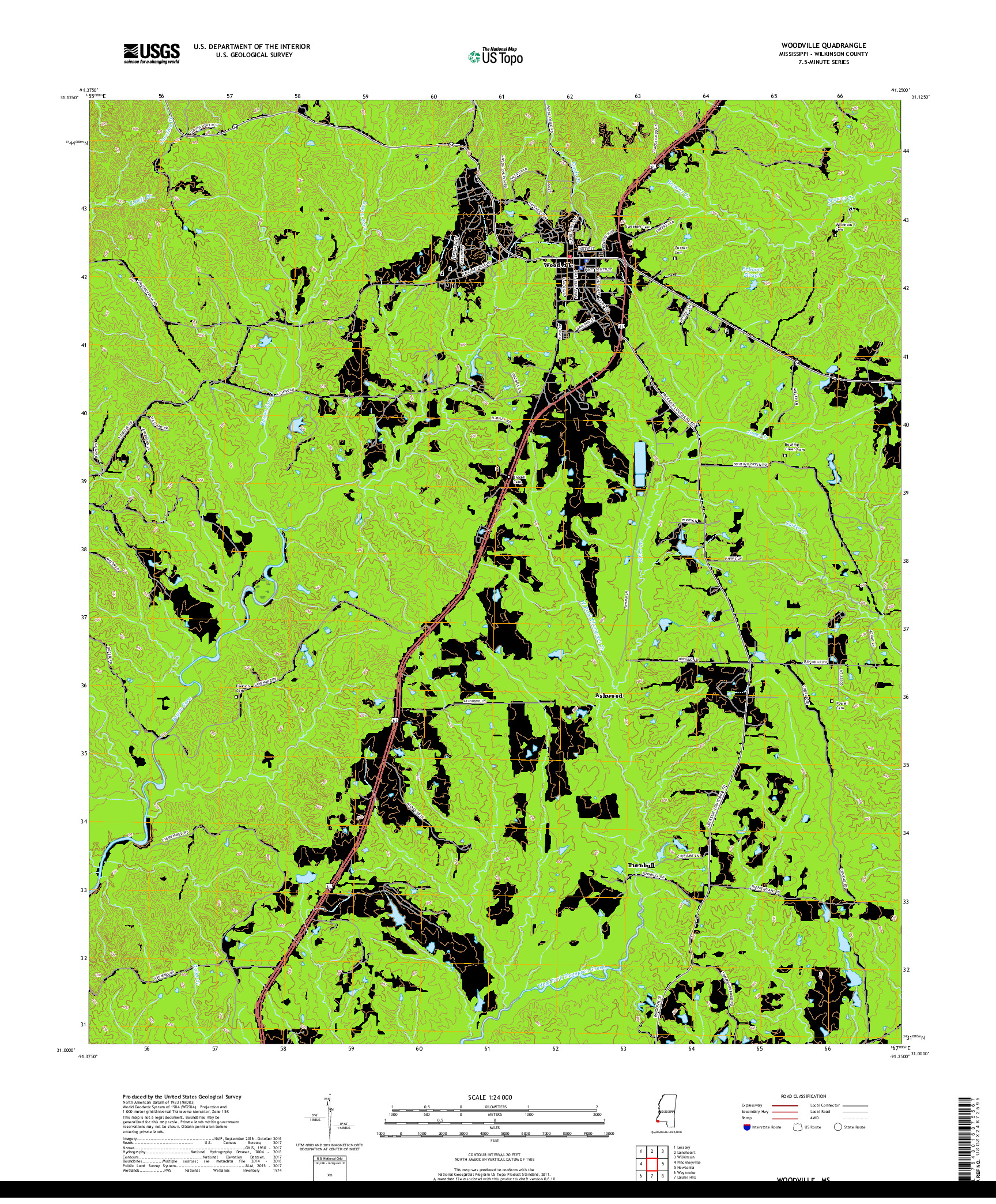 USGS US TOPO 7.5-MINUTE MAP FOR WOODVILLE, MS 2018