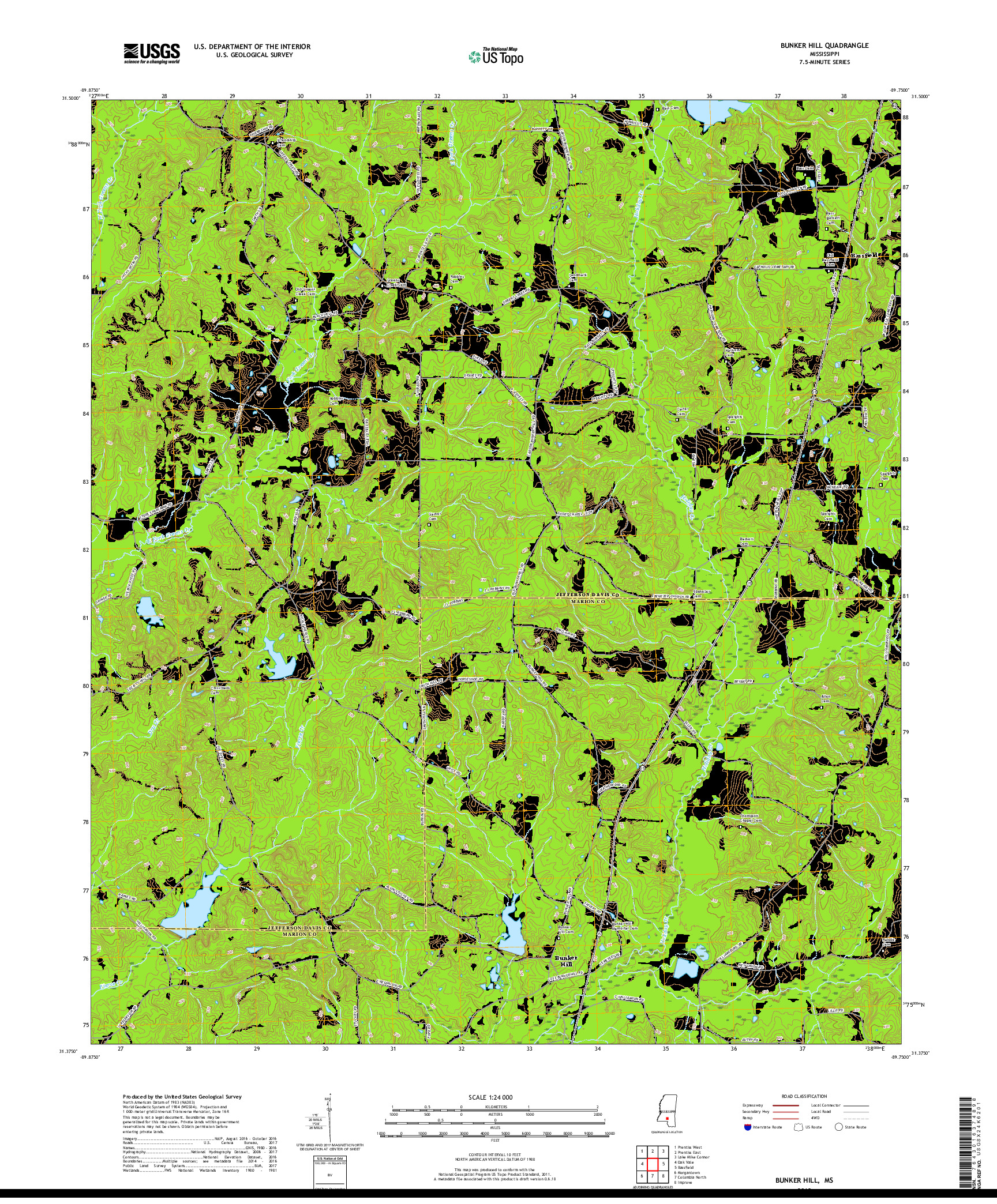 USGS US TOPO 7.5-MINUTE MAP FOR BUNKER HILL, MS 2018