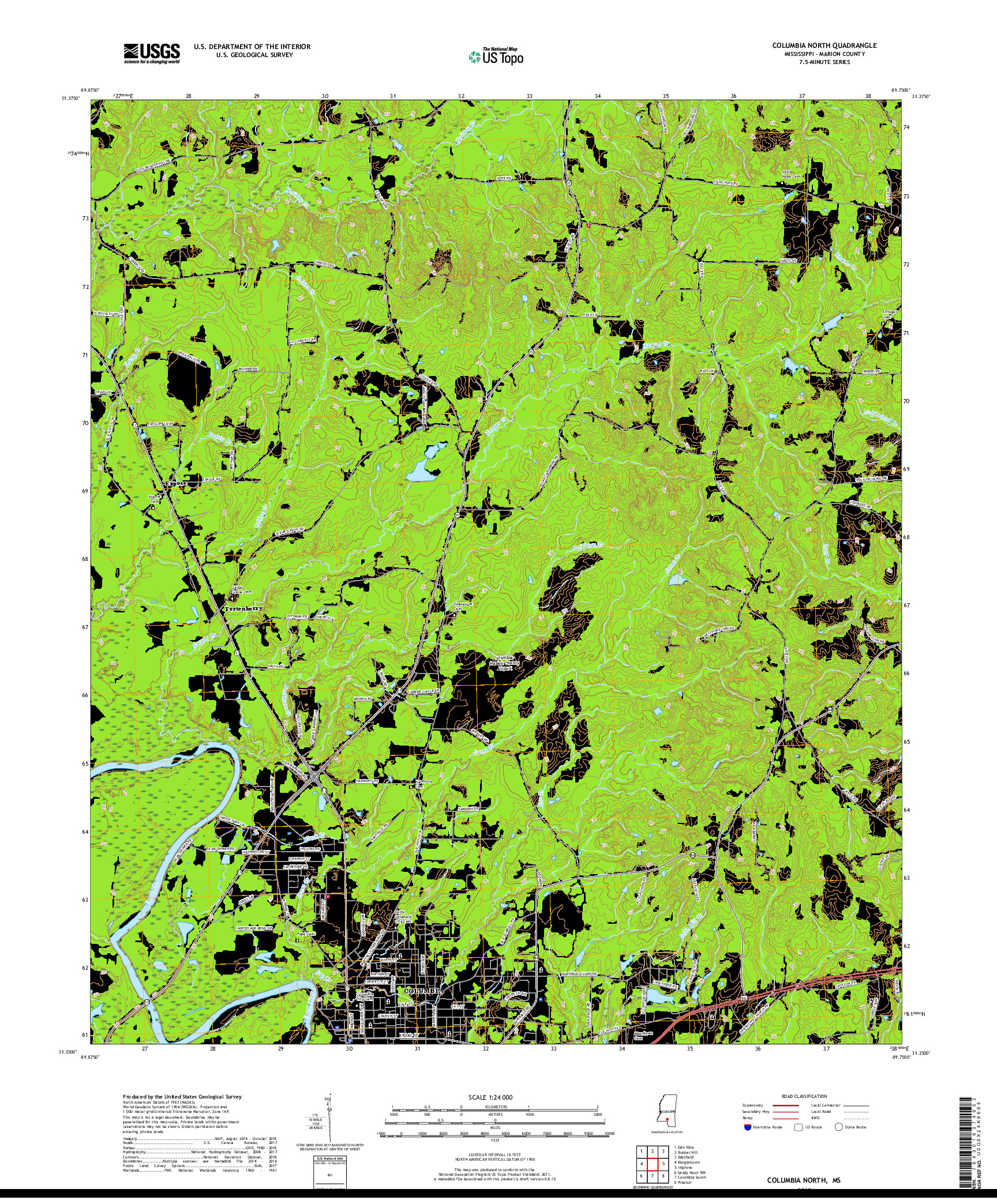 USGS US TOPO 7.5-MINUTE MAP FOR COLUMBIA NORTH, MS 2018