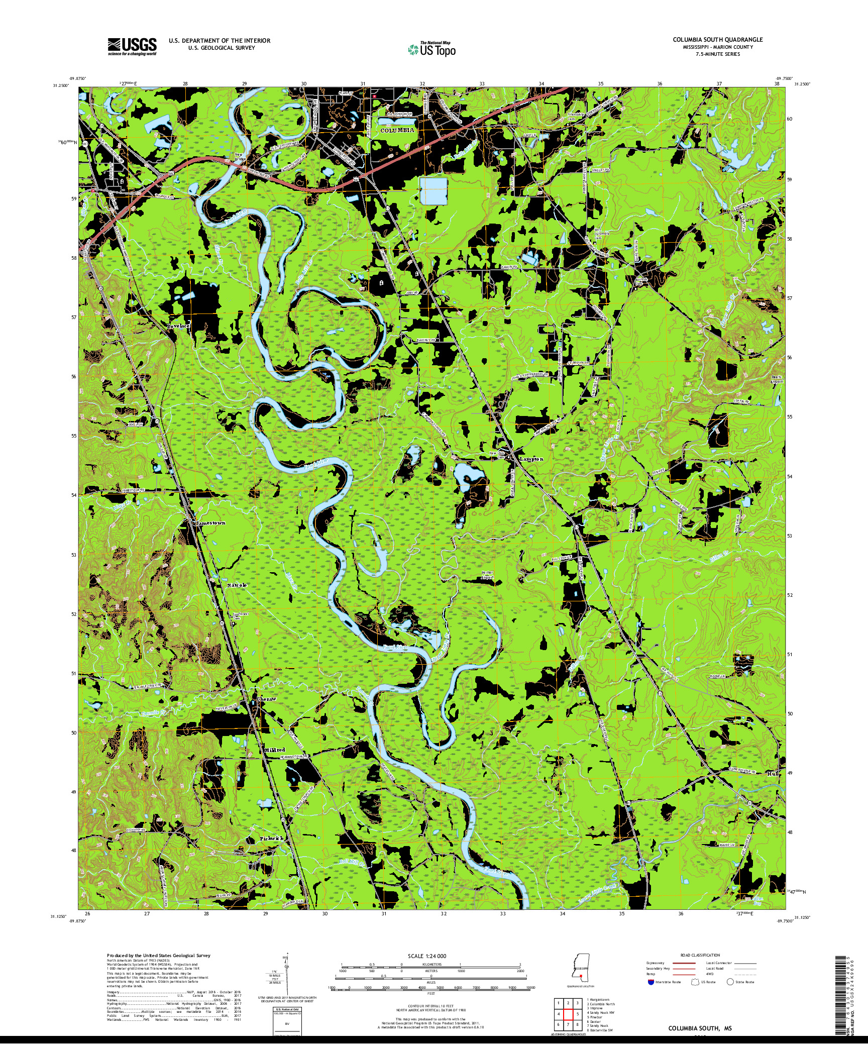 USGS US TOPO 7.5-MINUTE MAP FOR COLUMBIA SOUTH, MS 2018