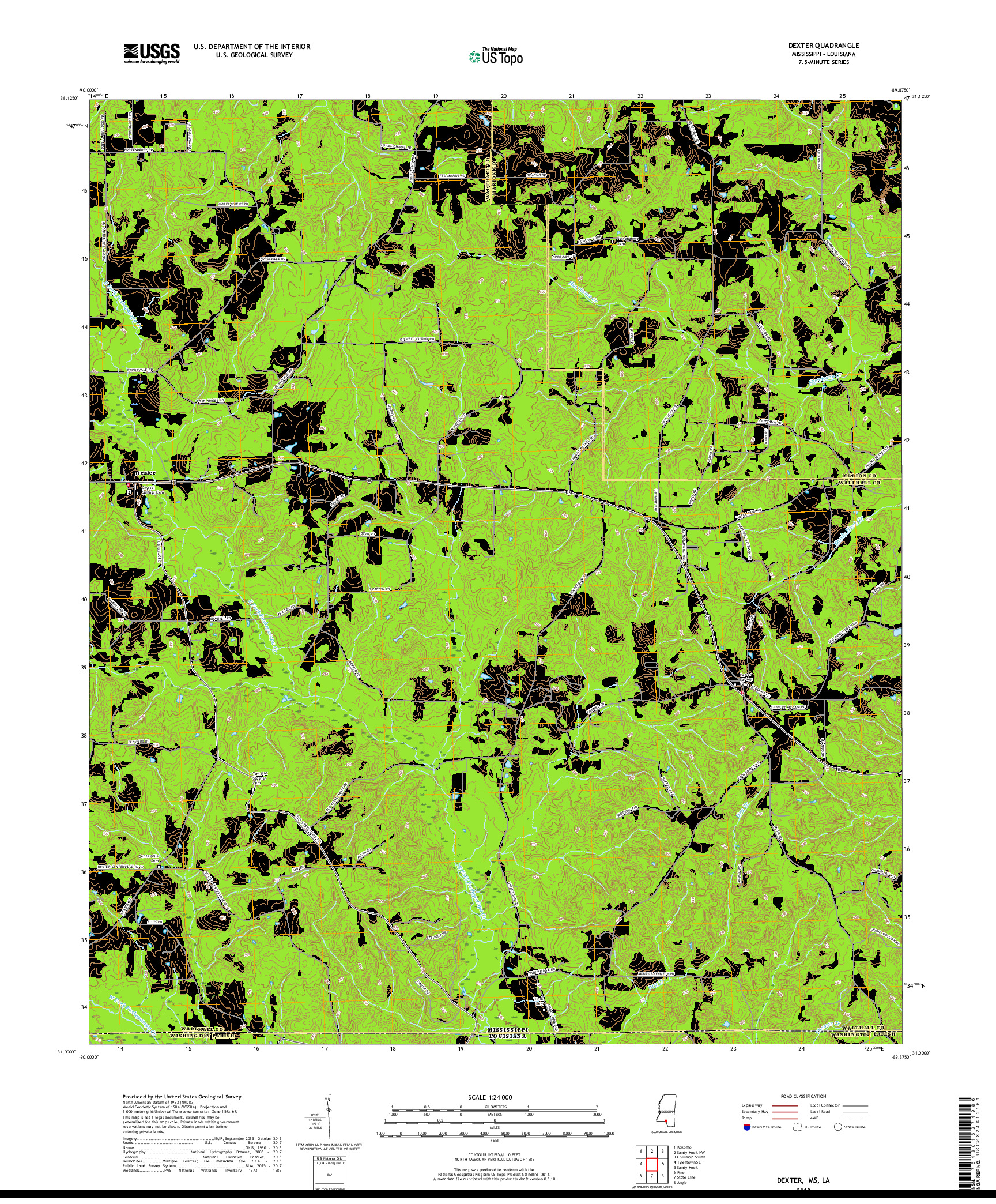 USGS US TOPO 7.5-MINUTE MAP FOR DEXTER, MS,LA 2018