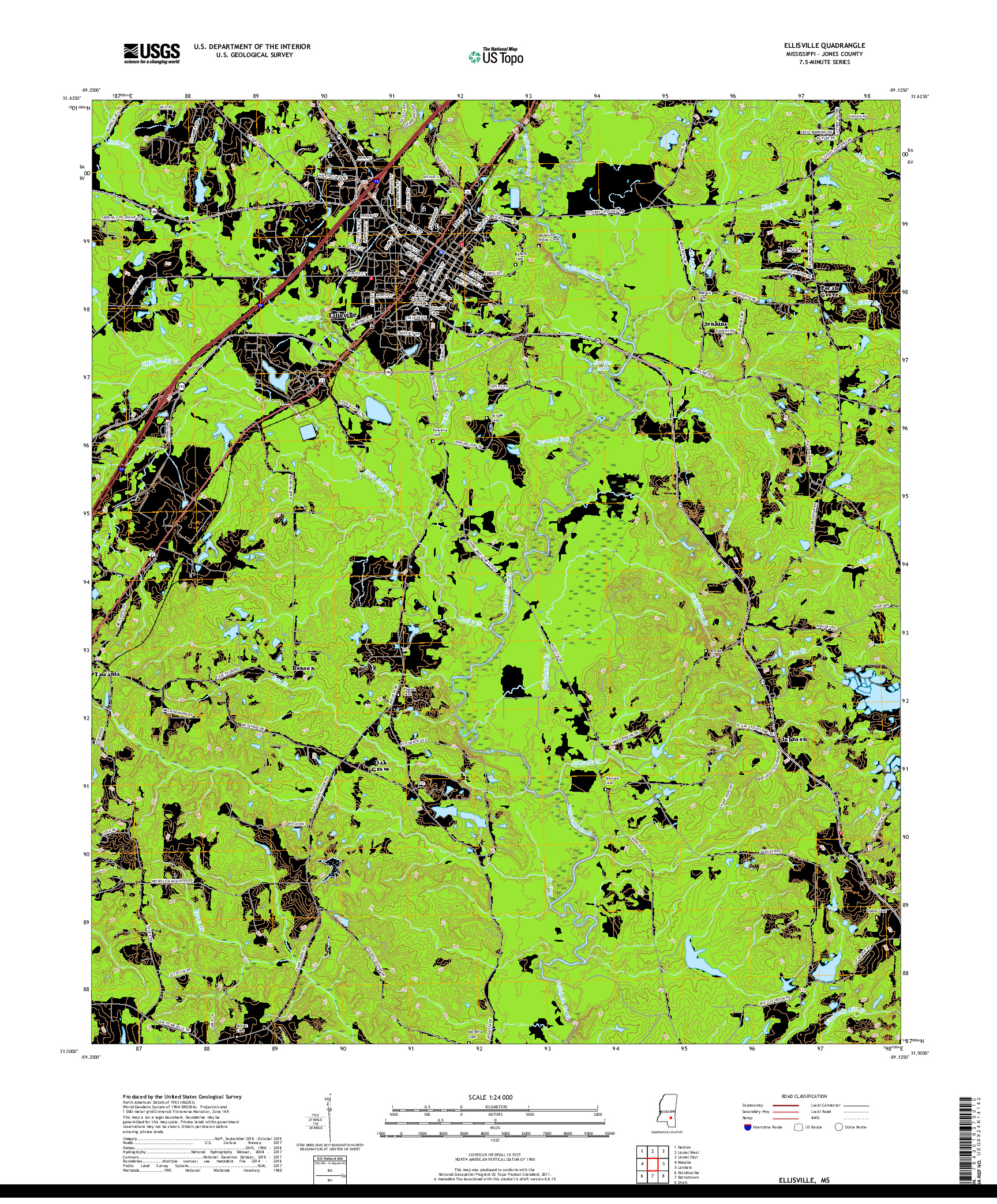 USGS US TOPO 7.5-MINUTE MAP FOR ELLISVILLE, MS 2018