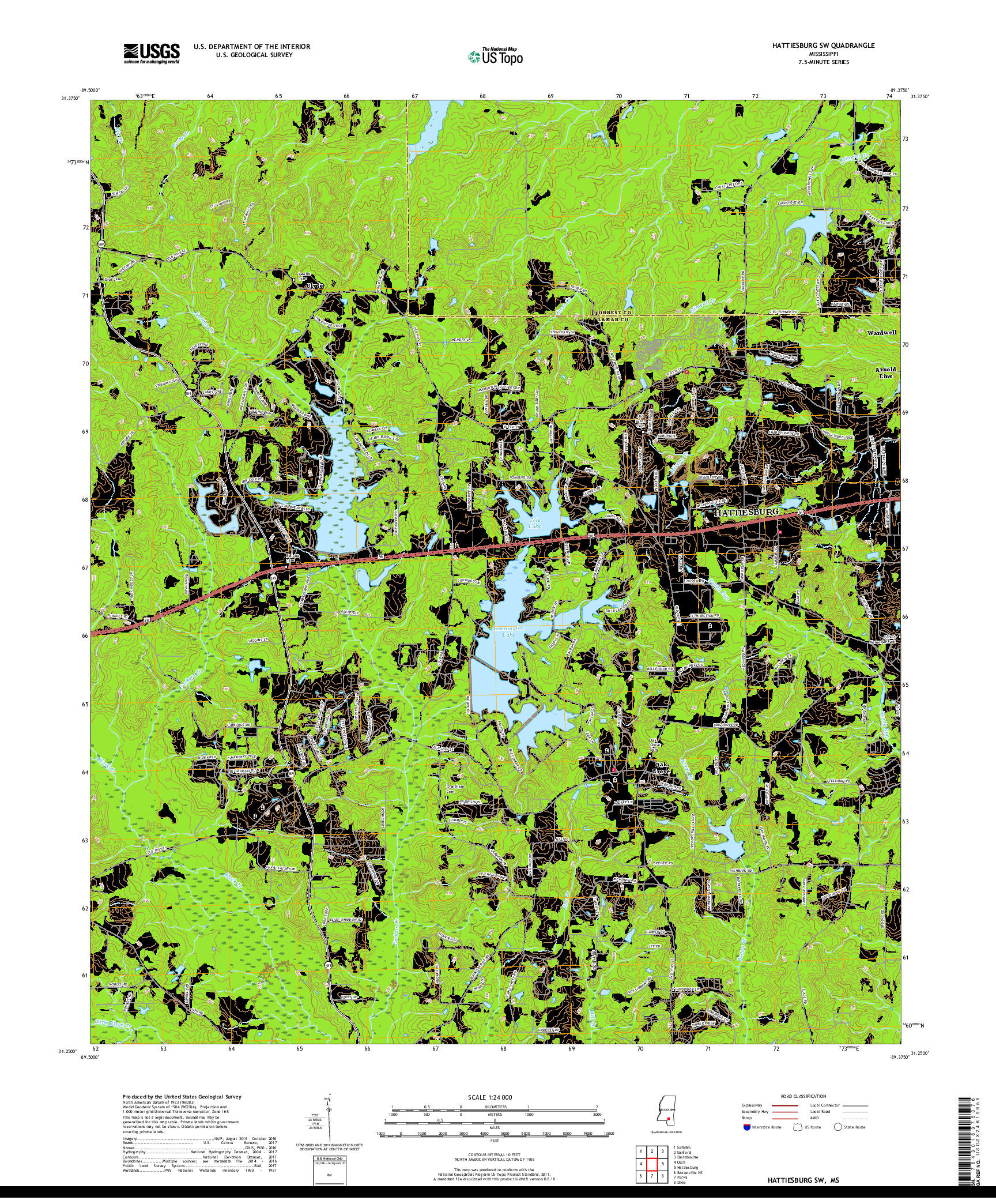 USGS US TOPO 7.5-MINUTE MAP FOR HATTIESBURG SW, MS 2018