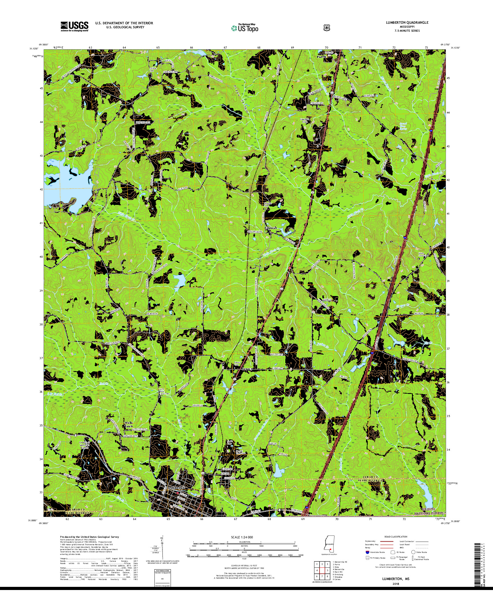 USGS US TOPO 7.5-MINUTE MAP FOR LUMBERTON, MS 2018
