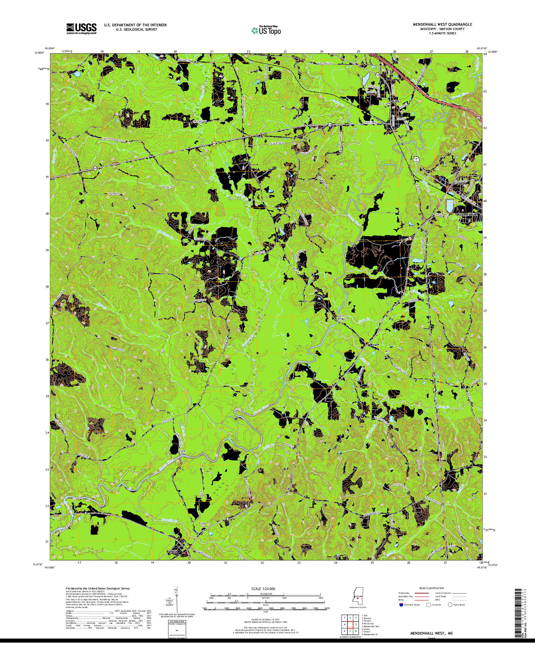 USGS US TOPO 7.5-MINUTE MAP FOR MENDENHALL WEST, MS 2018