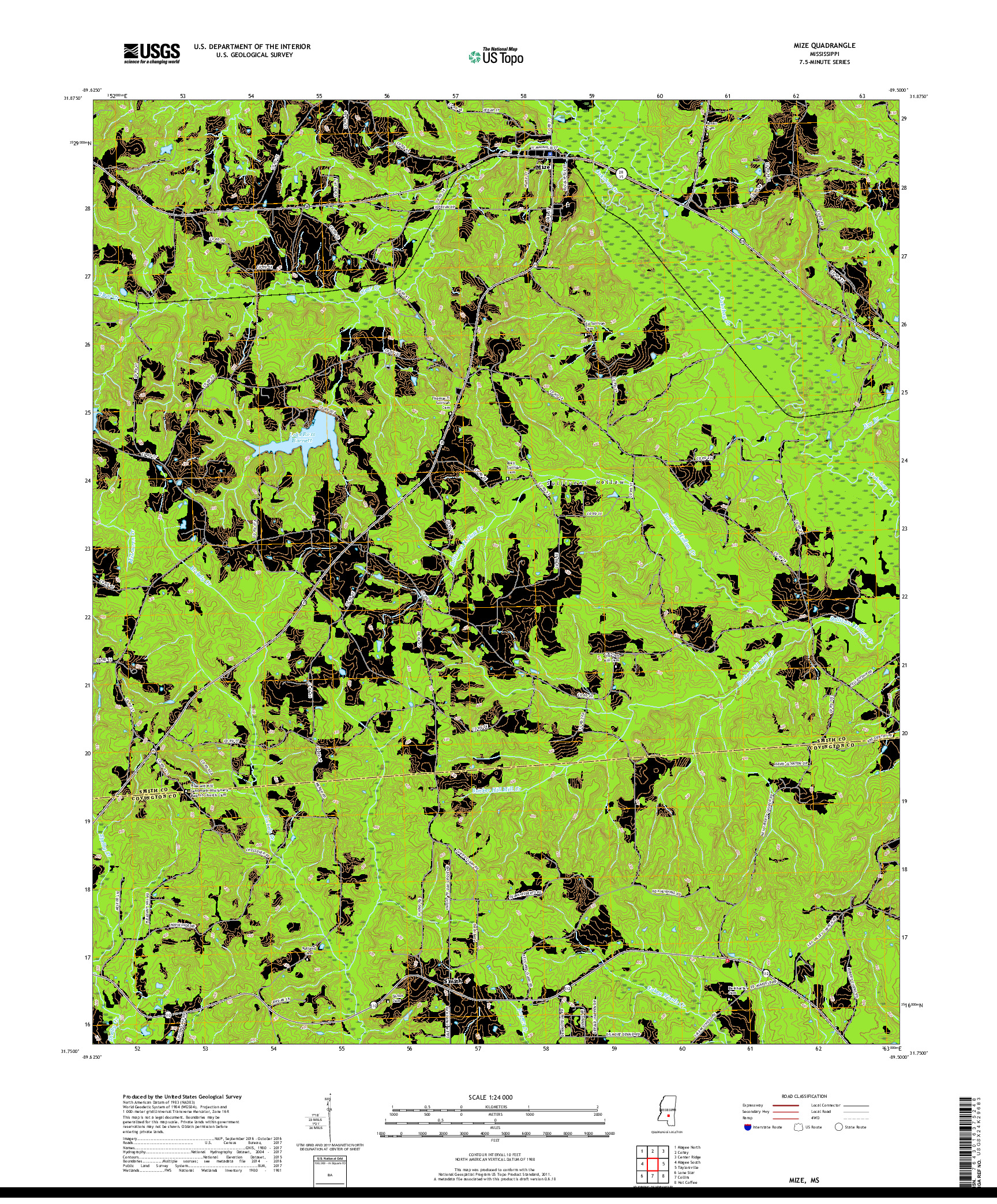 USGS US TOPO 7.5-MINUTE MAP FOR MIZE, MS 2018