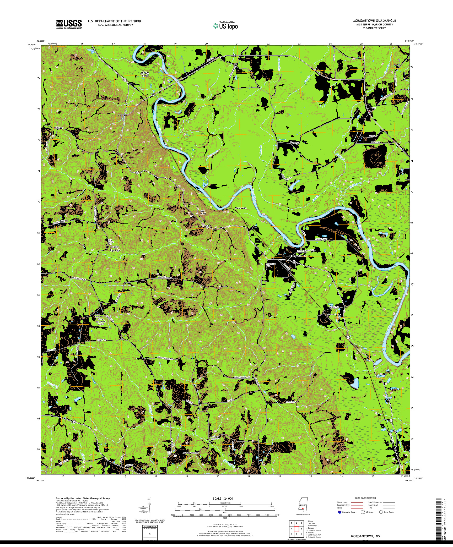 USGS US TOPO 7.5-MINUTE MAP FOR MORGANTOWN, MS 2018