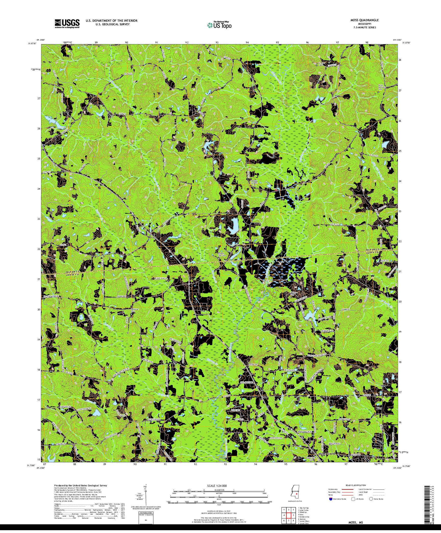 USGS US TOPO 7.5-MINUTE MAP FOR MOSS, MS 2018