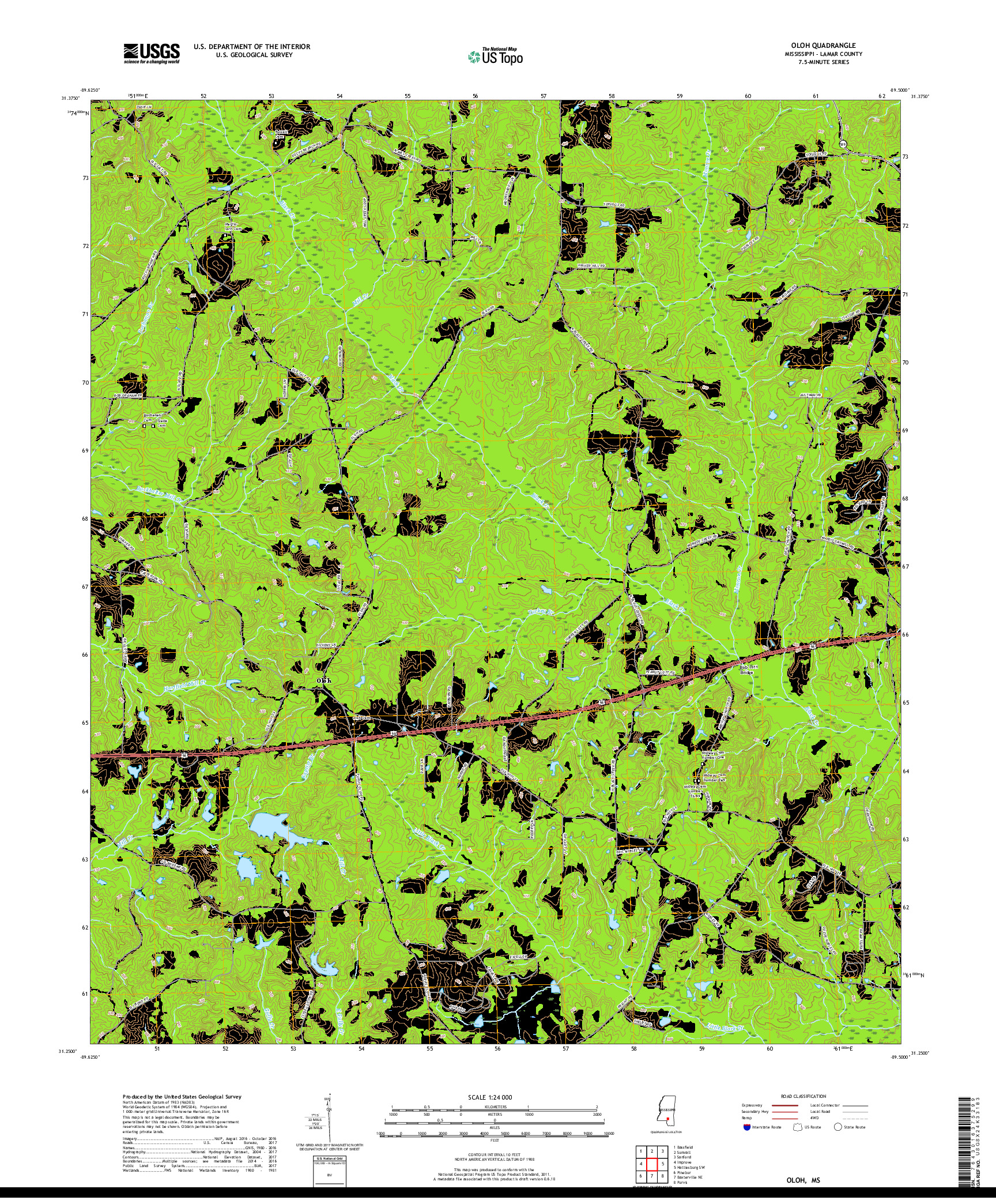 USGS US TOPO 7.5-MINUTE MAP FOR OLOH, MS 2018