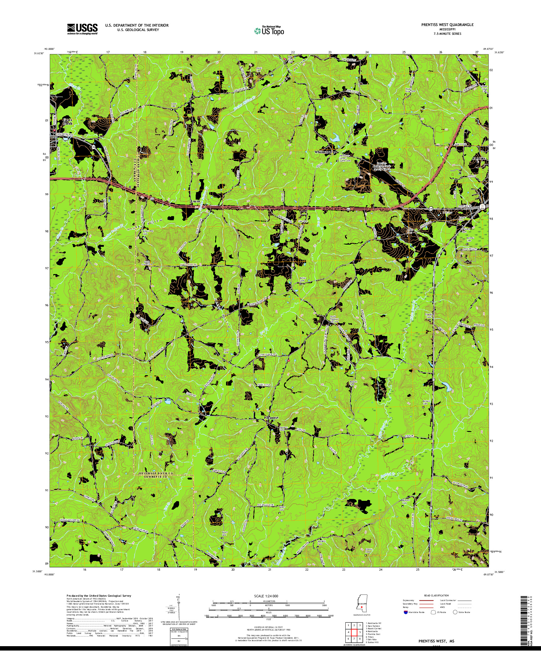 USGS US TOPO 7.5-MINUTE MAP FOR PRENTISS WEST, MS 2018