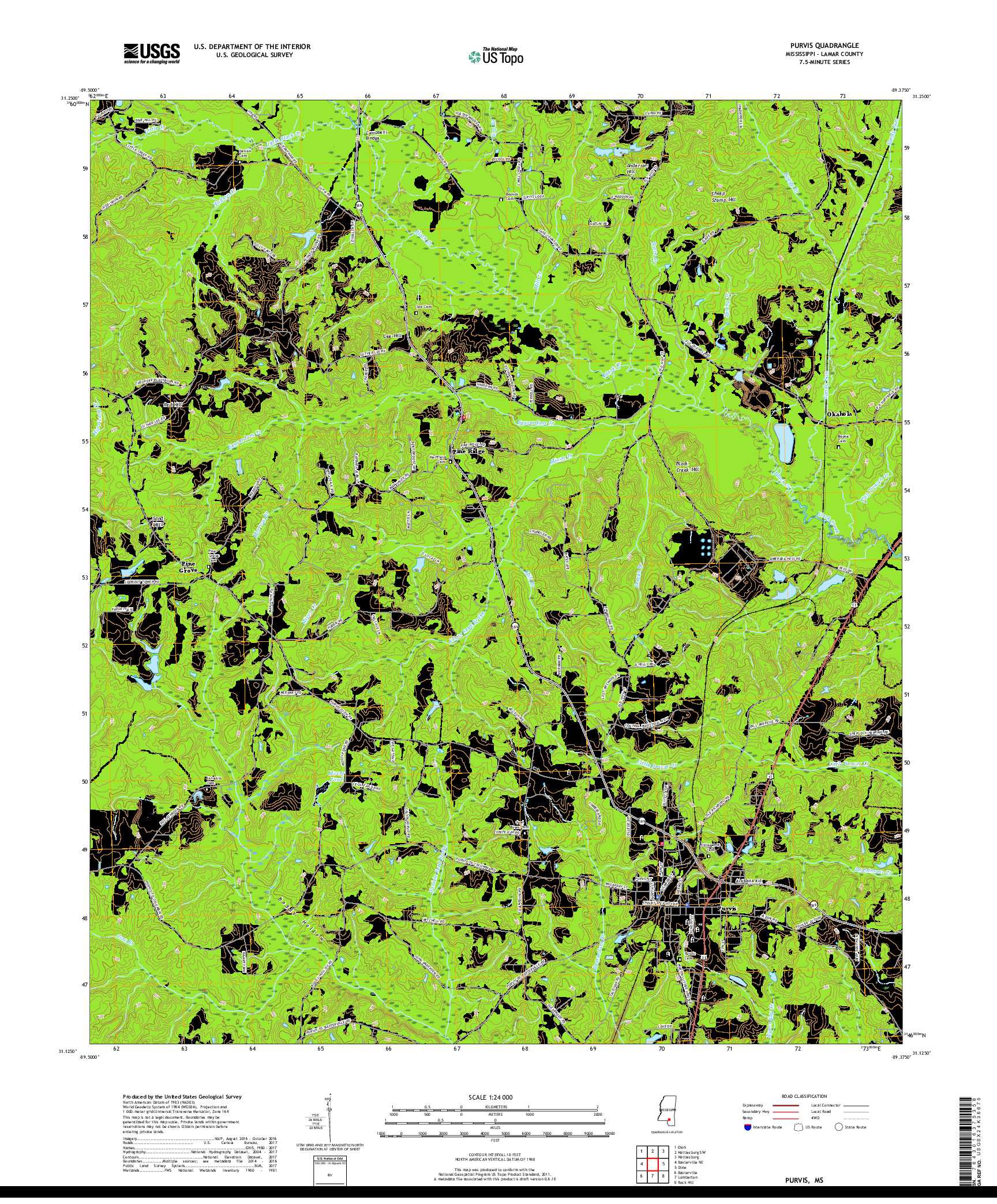 USGS US TOPO 7.5-MINUTE MAP FOR PURVIS, MS 2018