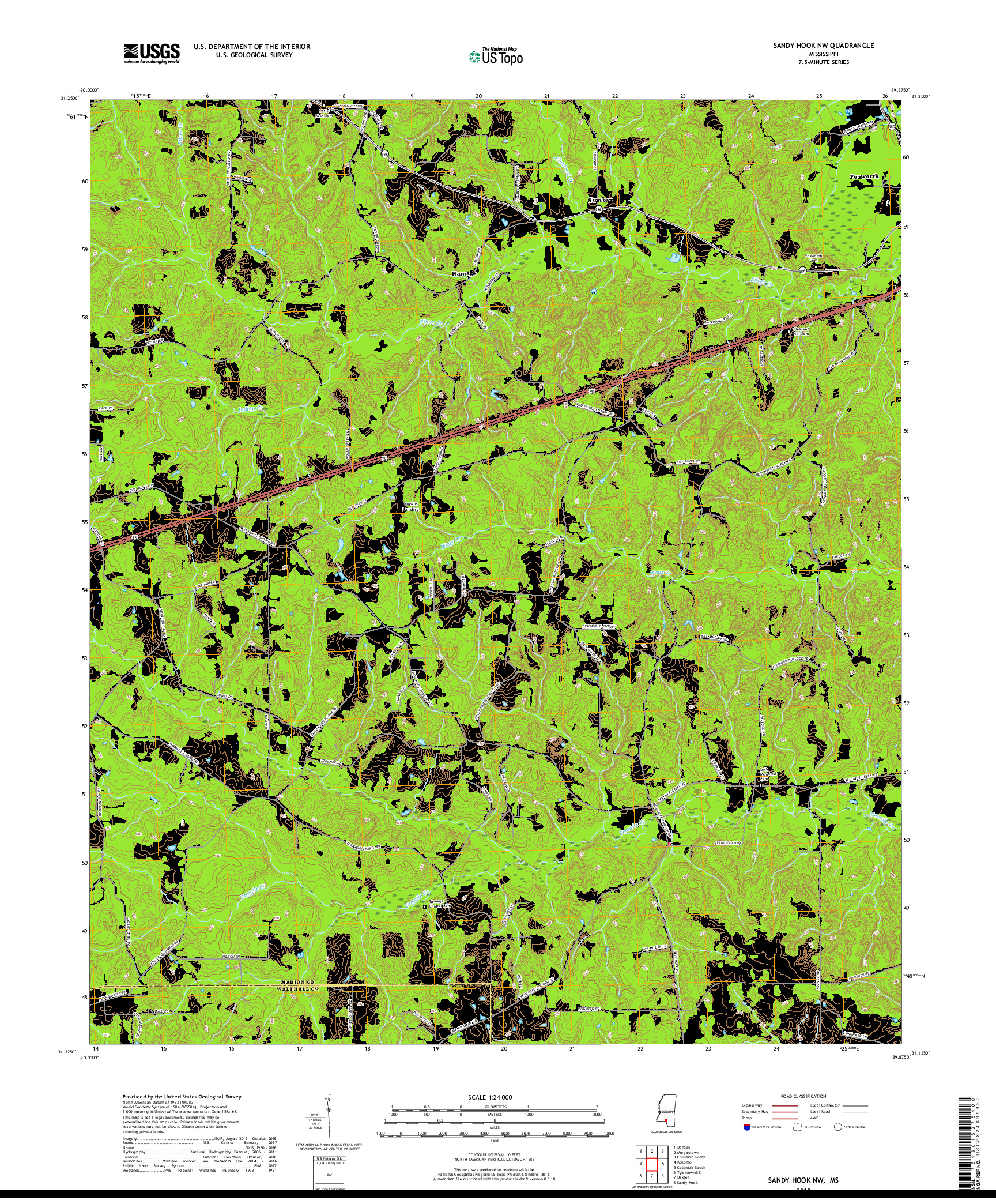 USGS US TOPO 7.5-MINUTE MAP FOR SANDY HOOK NW, MS 2018