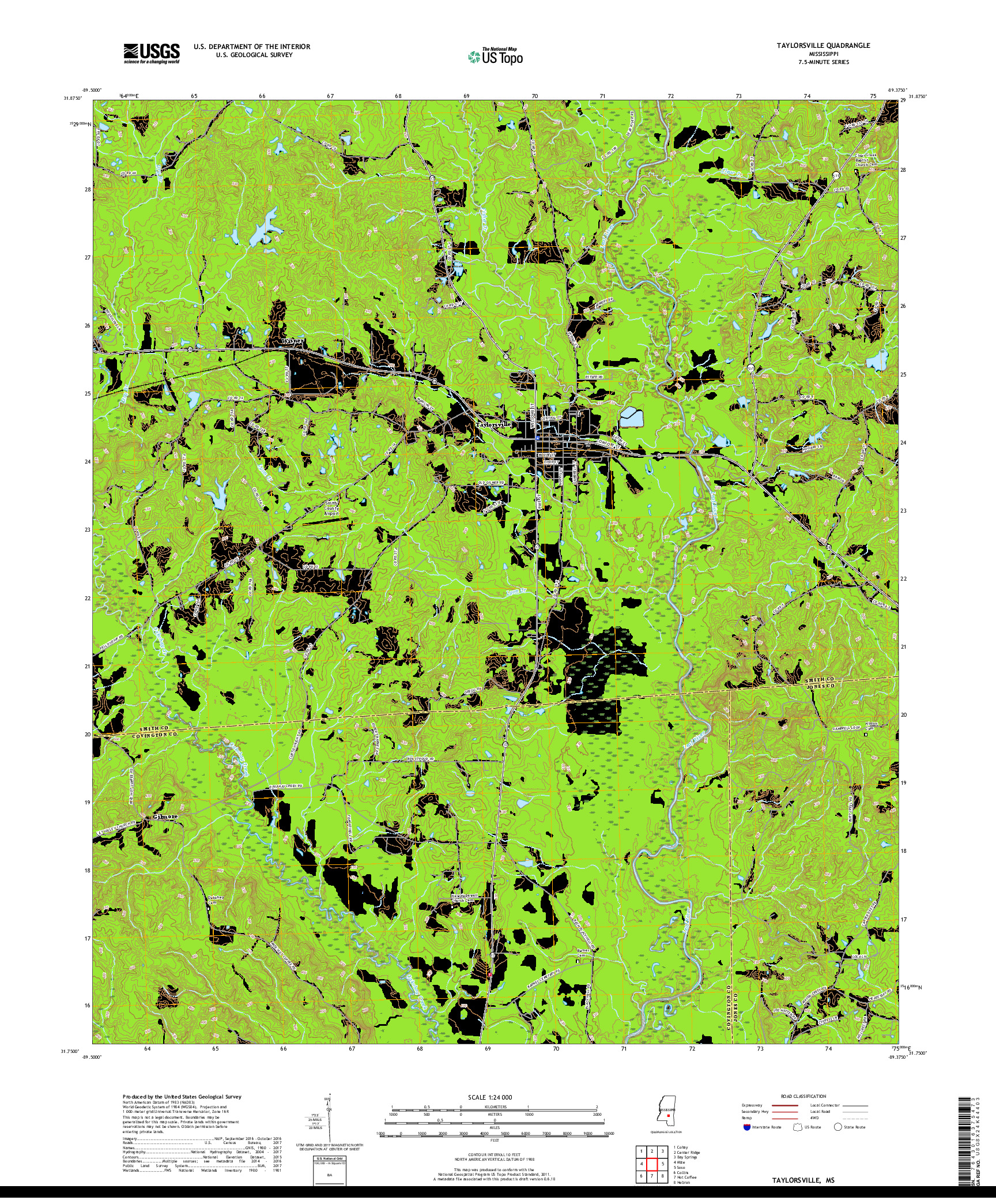 USGS US TOPO 7.5-MINUTE MAP FOR TAYLORSVILLE, MS 2018