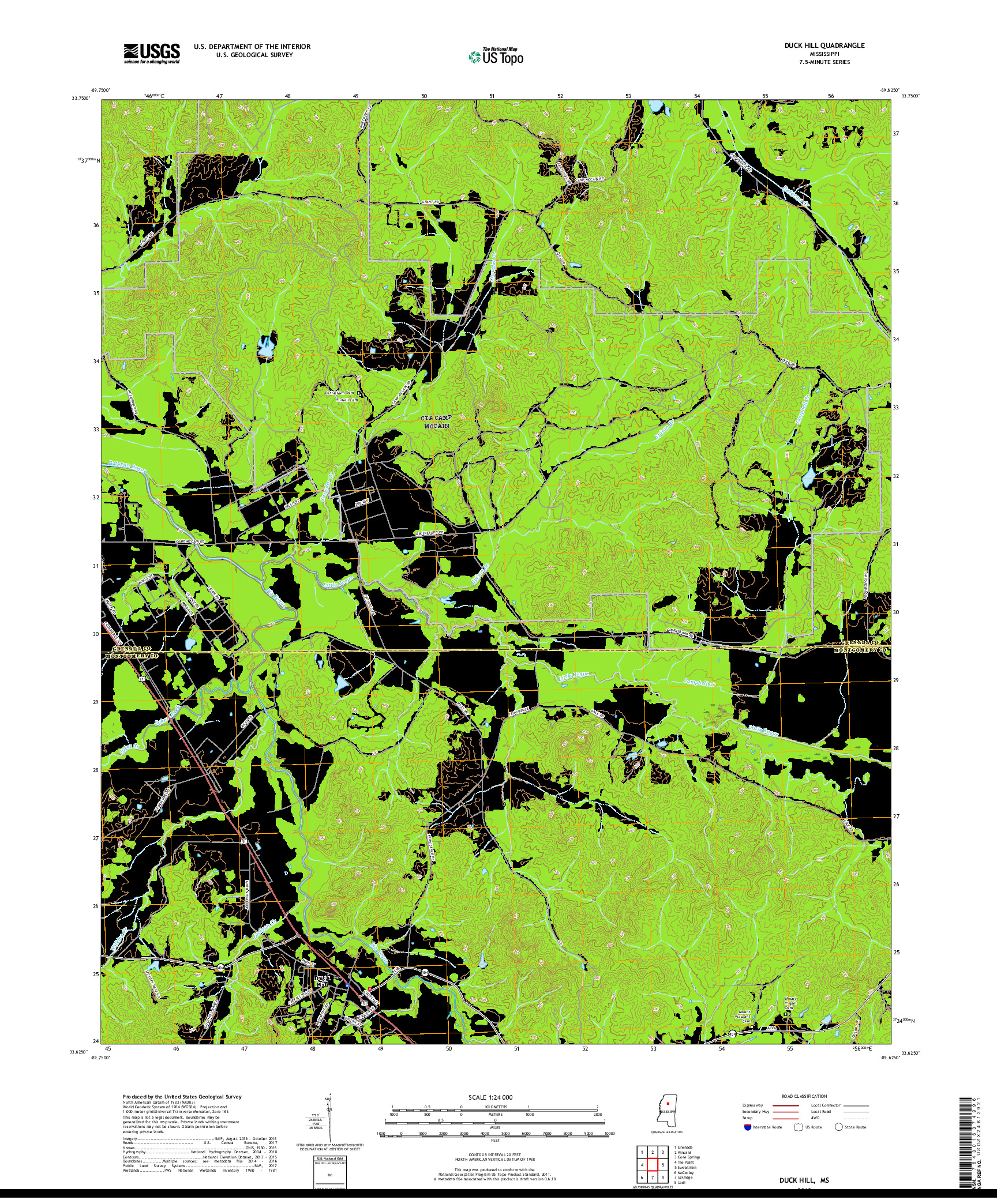 USGS US TOPO 7.5-MINUTE MAP FOR DUCK HILL, MS 2018