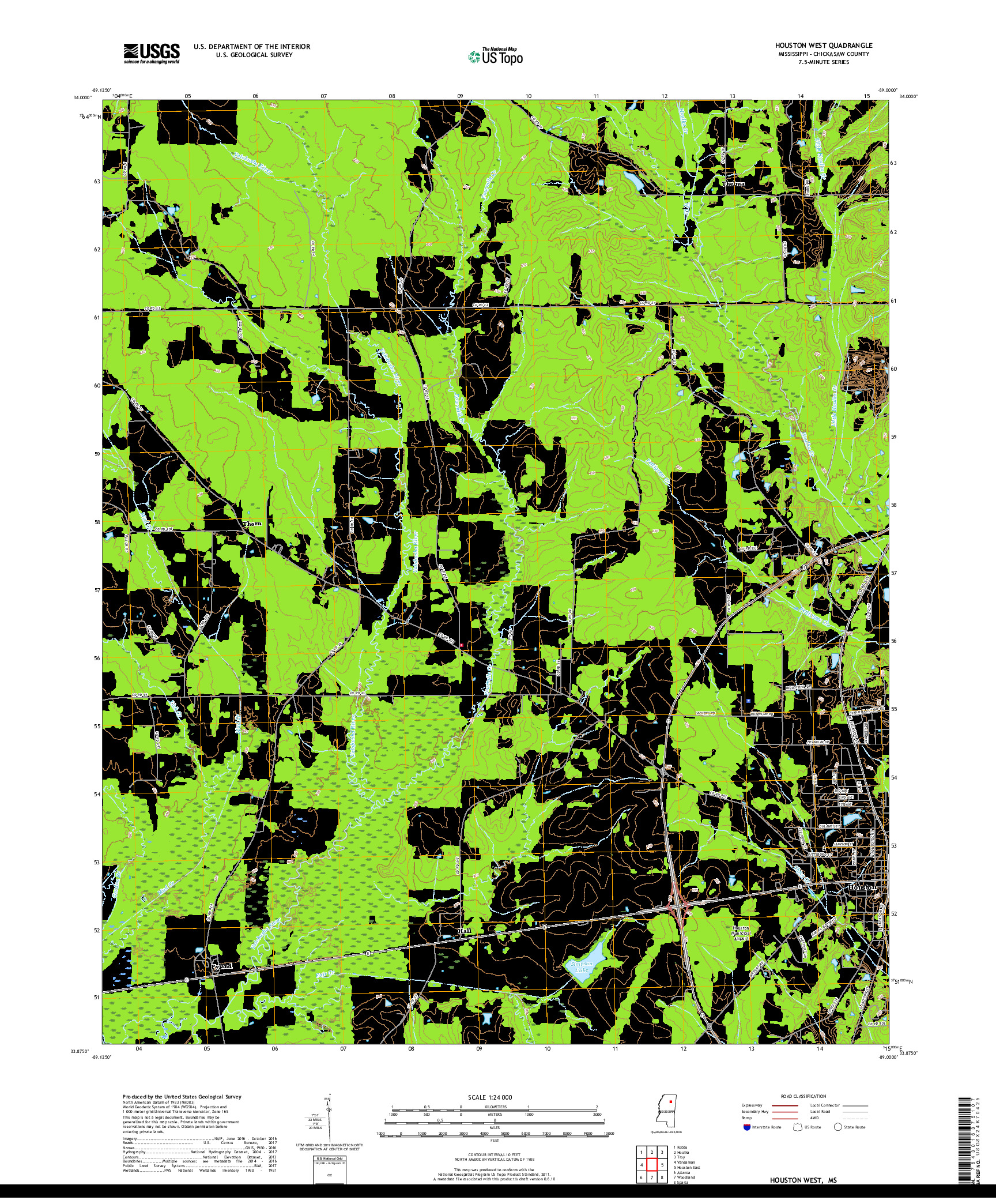 USGS US TOPO 7.5-MINUTE MAP FOR HOUSTON WEST, MS 2018