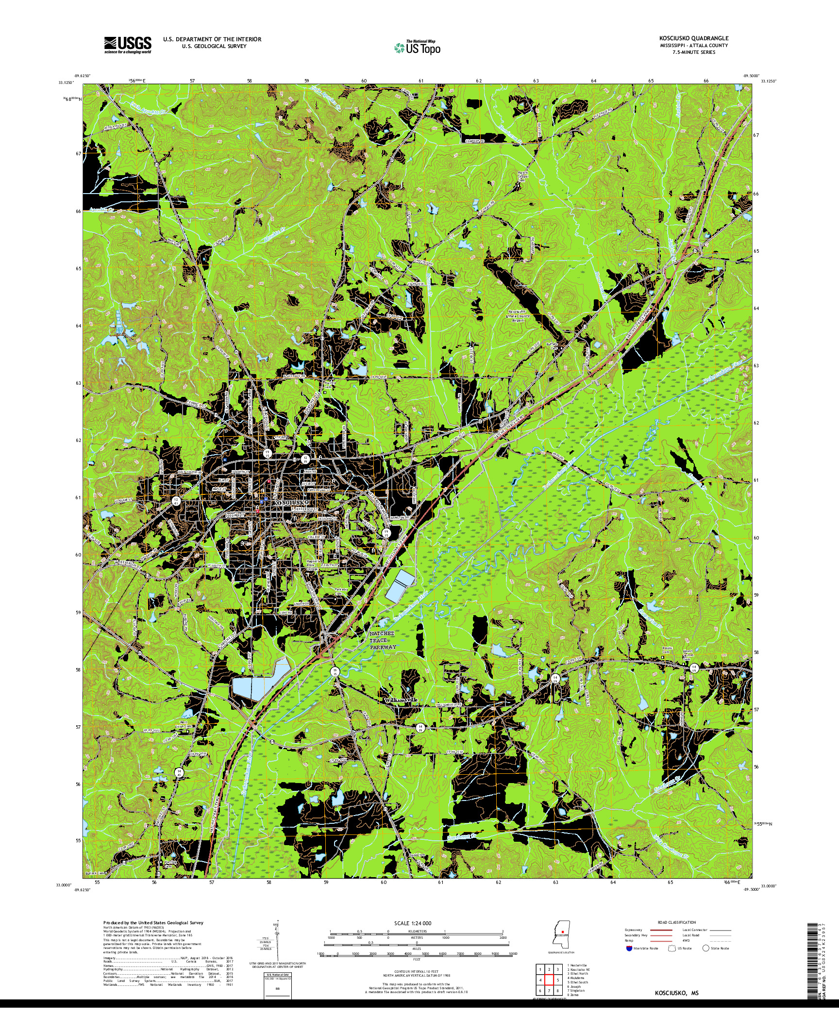 USGS US TOPO 7.5-MINUTE MAP FOR KOSCIUSKO, MS 2018