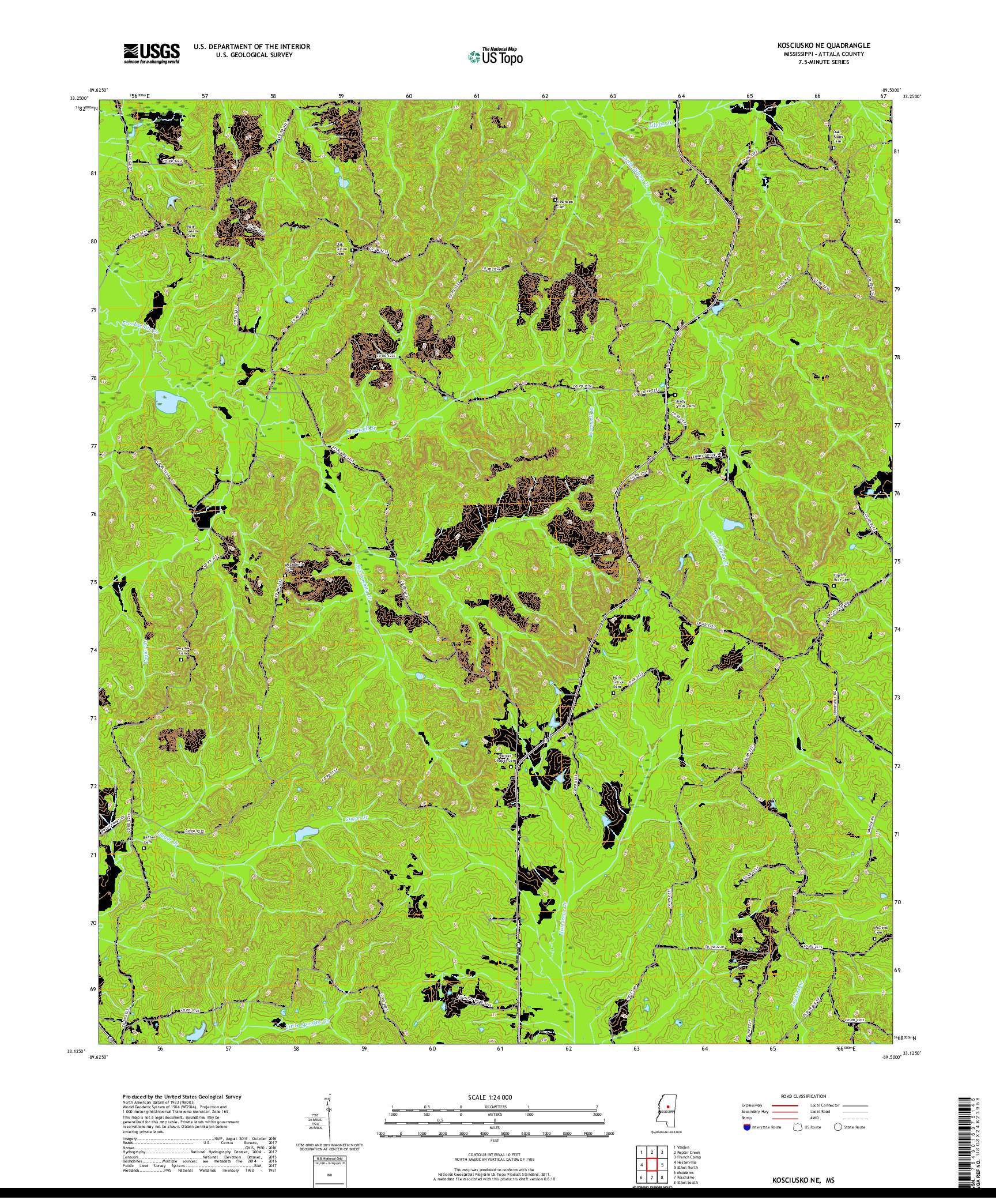 USGS US TOPO 7.5-MINUTE MAP FOR KOSCIUSKO NE, MS 2018