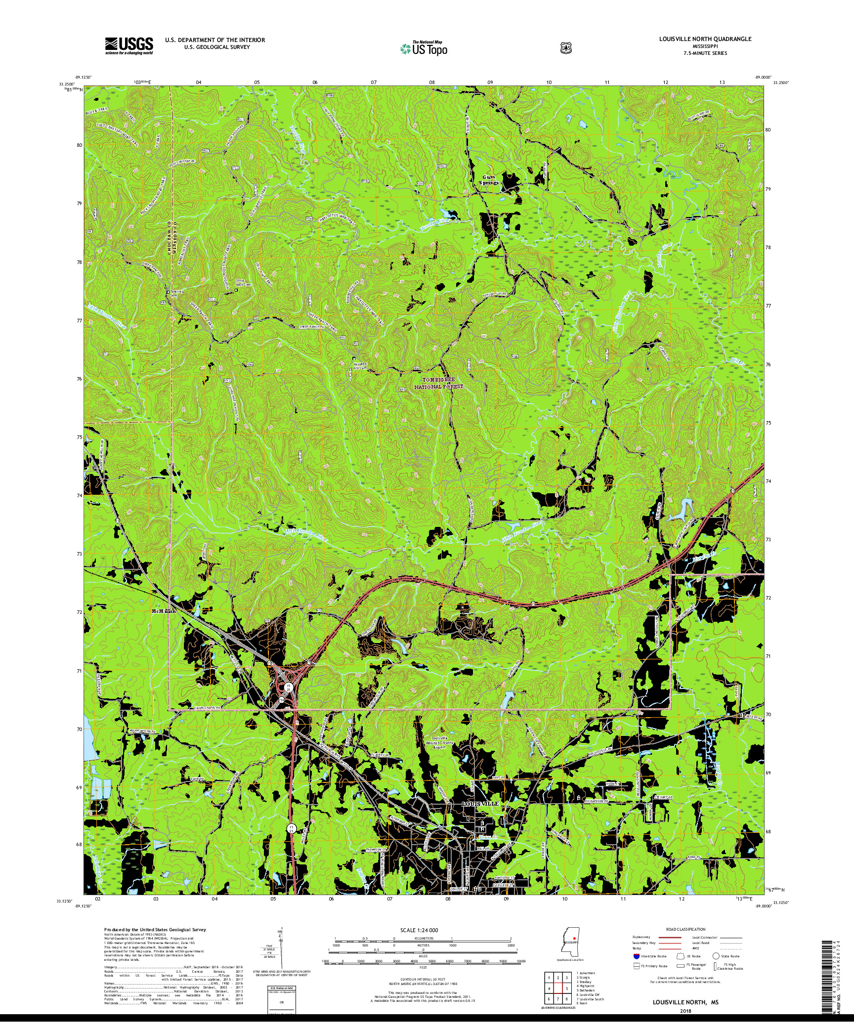 USGS US TOPO 7.5-MINUTE MAP FOR LOUISVILLE NORTH, MS 2018