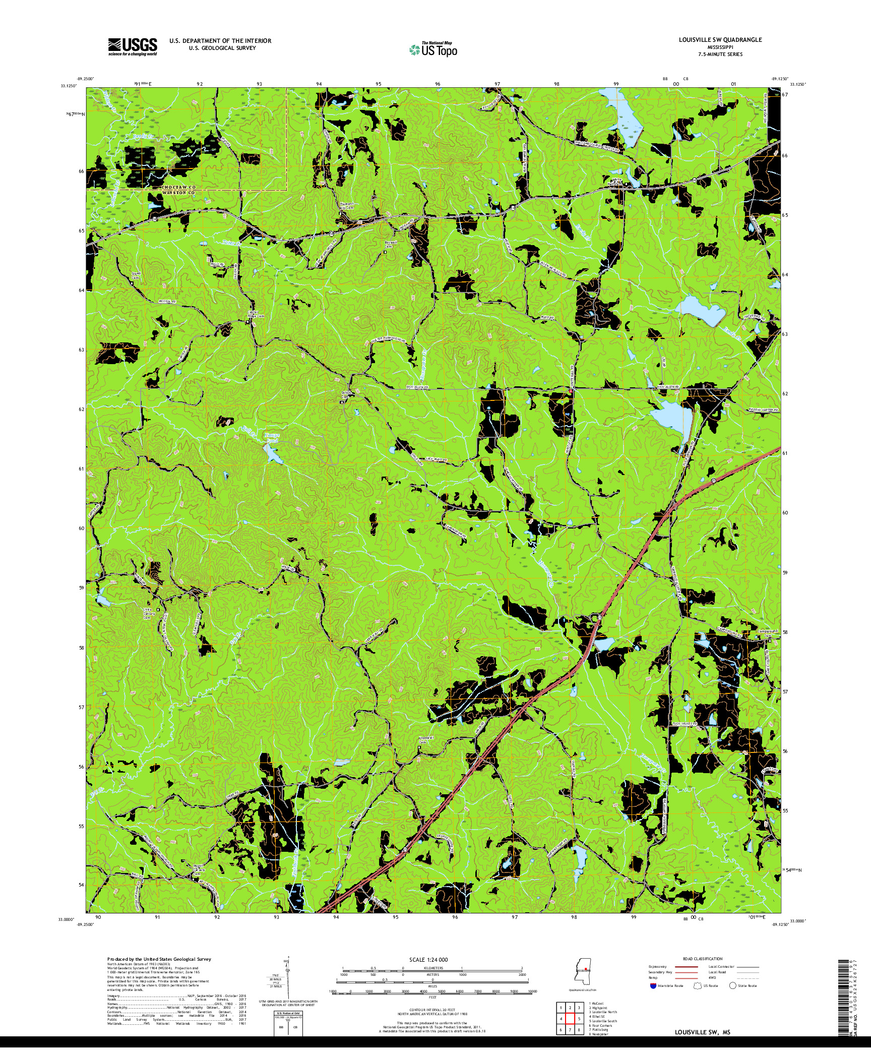 USGS US TOPO 7.5-MINUTE MAP FOR LOUISVILLE SW, MS 2018