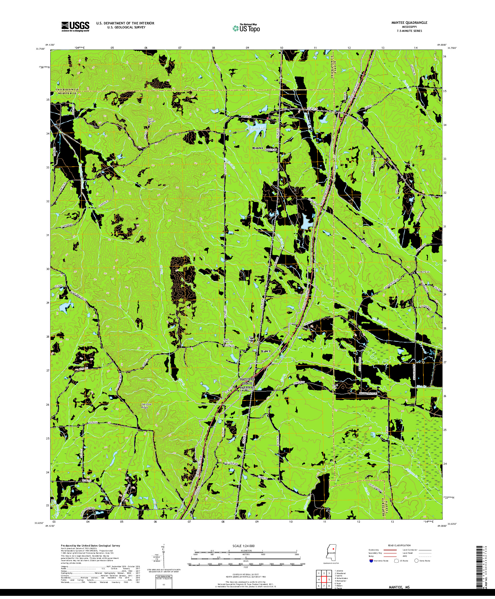 USGS US TOPO 7.5-MINUTE MAP FOR MANTEE, MS 2018