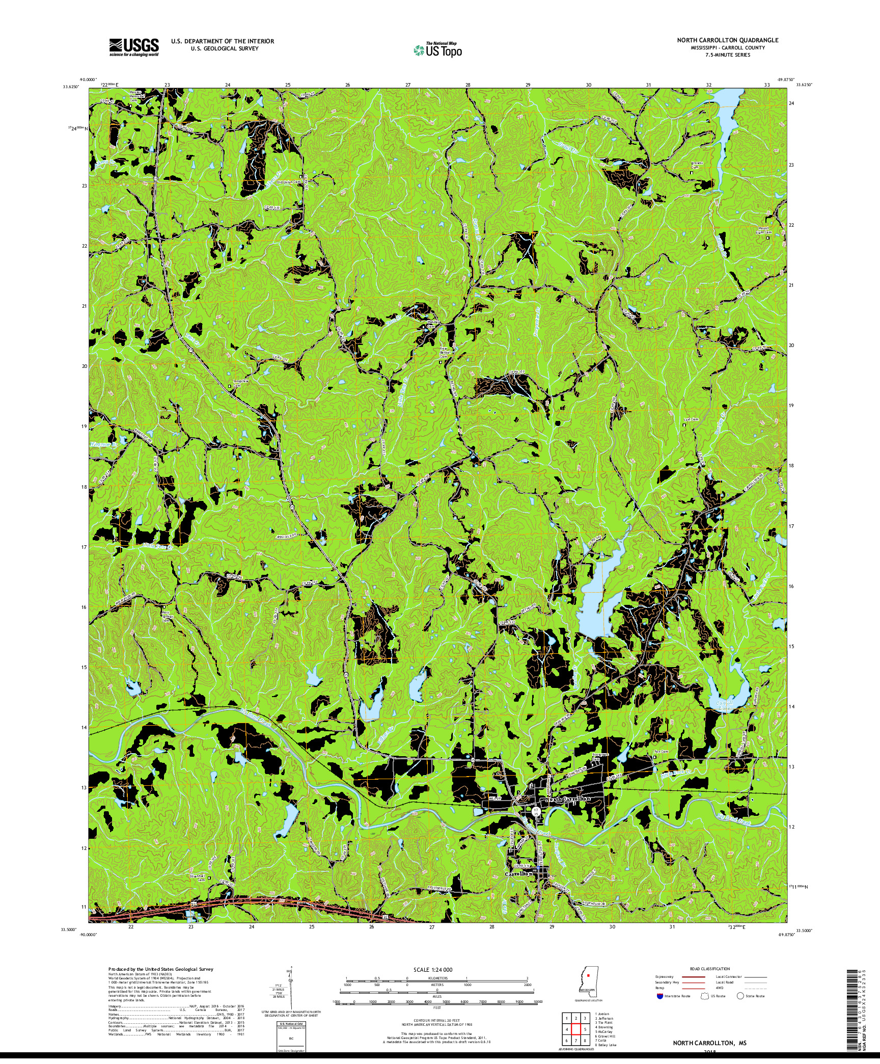 USGS US TOPO 7.5-MINUTE MAP FOR NORTH CARROLLTON, MS 2018