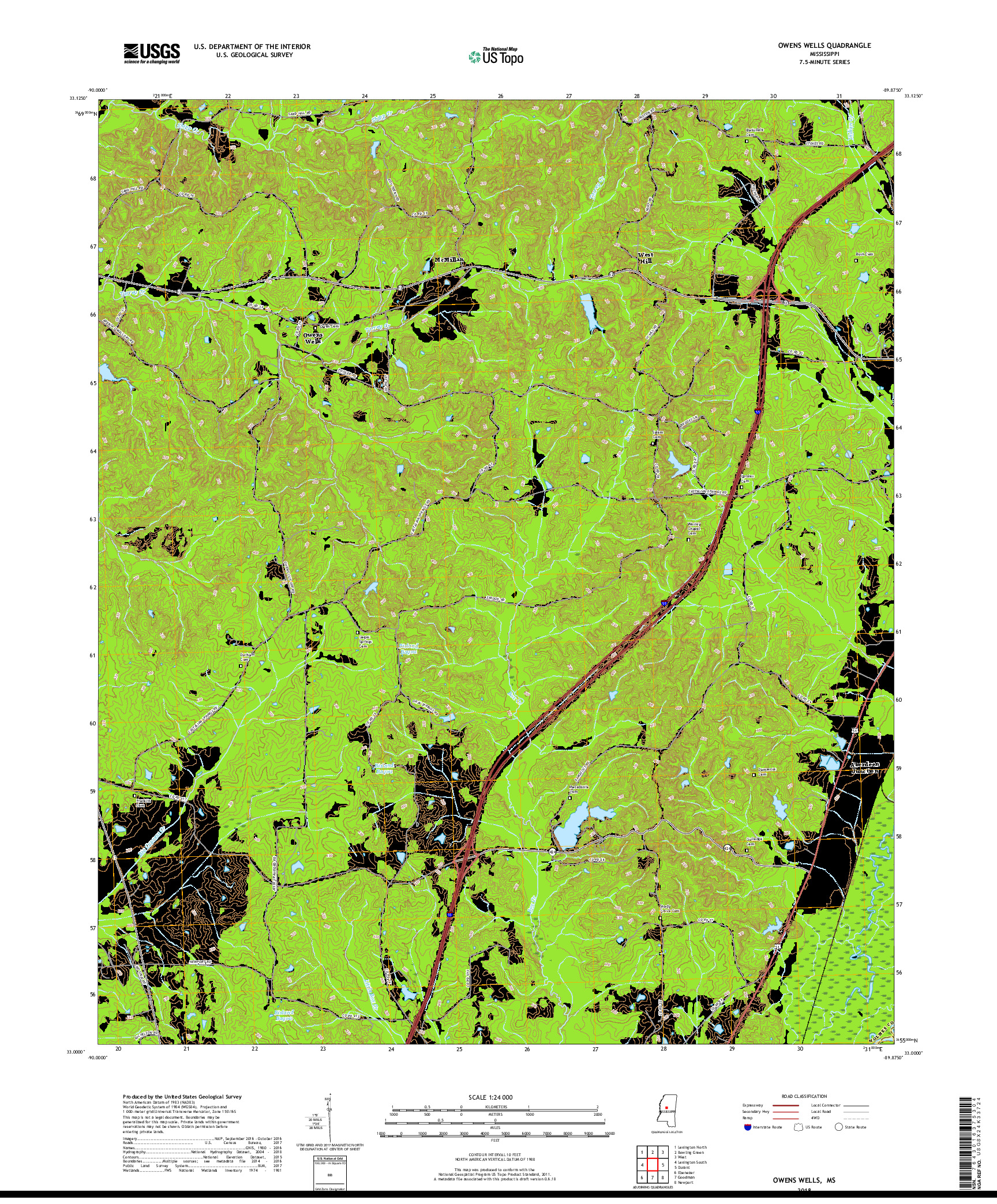 USGS US TOPO 7.5-MINUTE MAP FOR OWENS WELLS, MS 2018