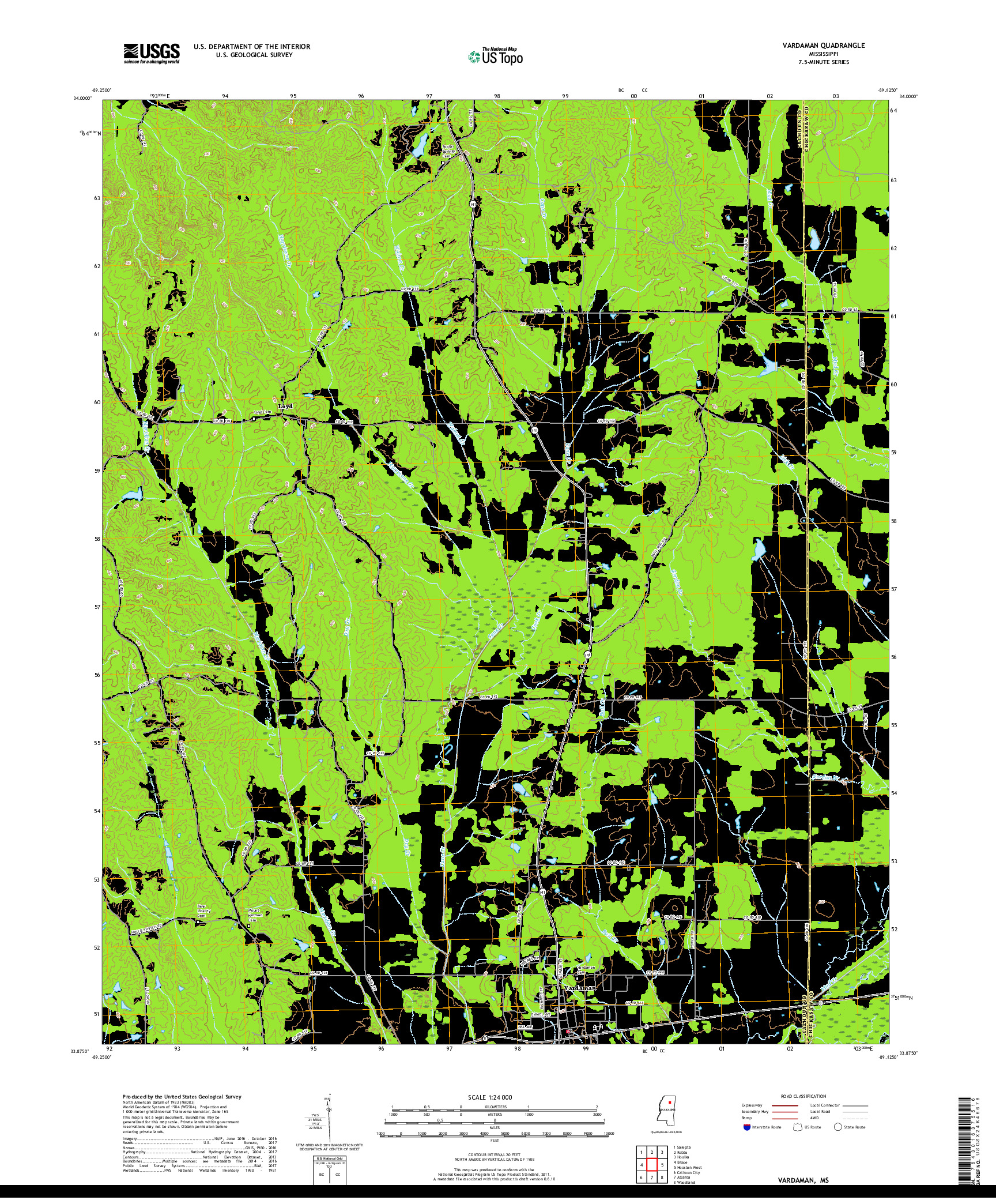 USGS US TOPO 7.5-MINUTE MAP FOR VARDAMAN, MS 2018