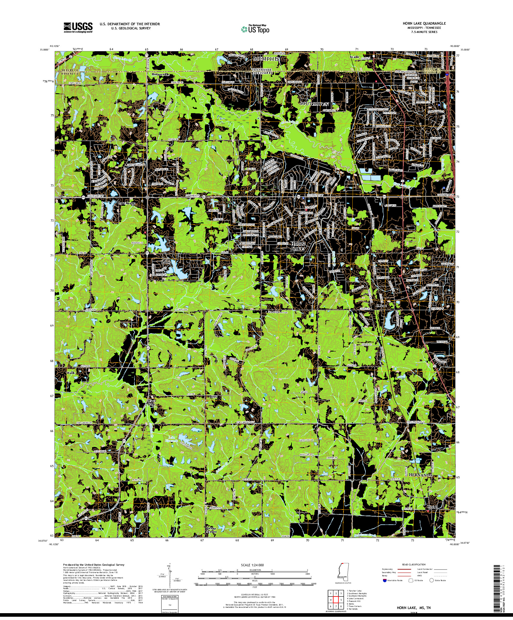 USGS US TOPO 7.5-MINUTE MAP FOR HORN LAKE, MS,TN 2018