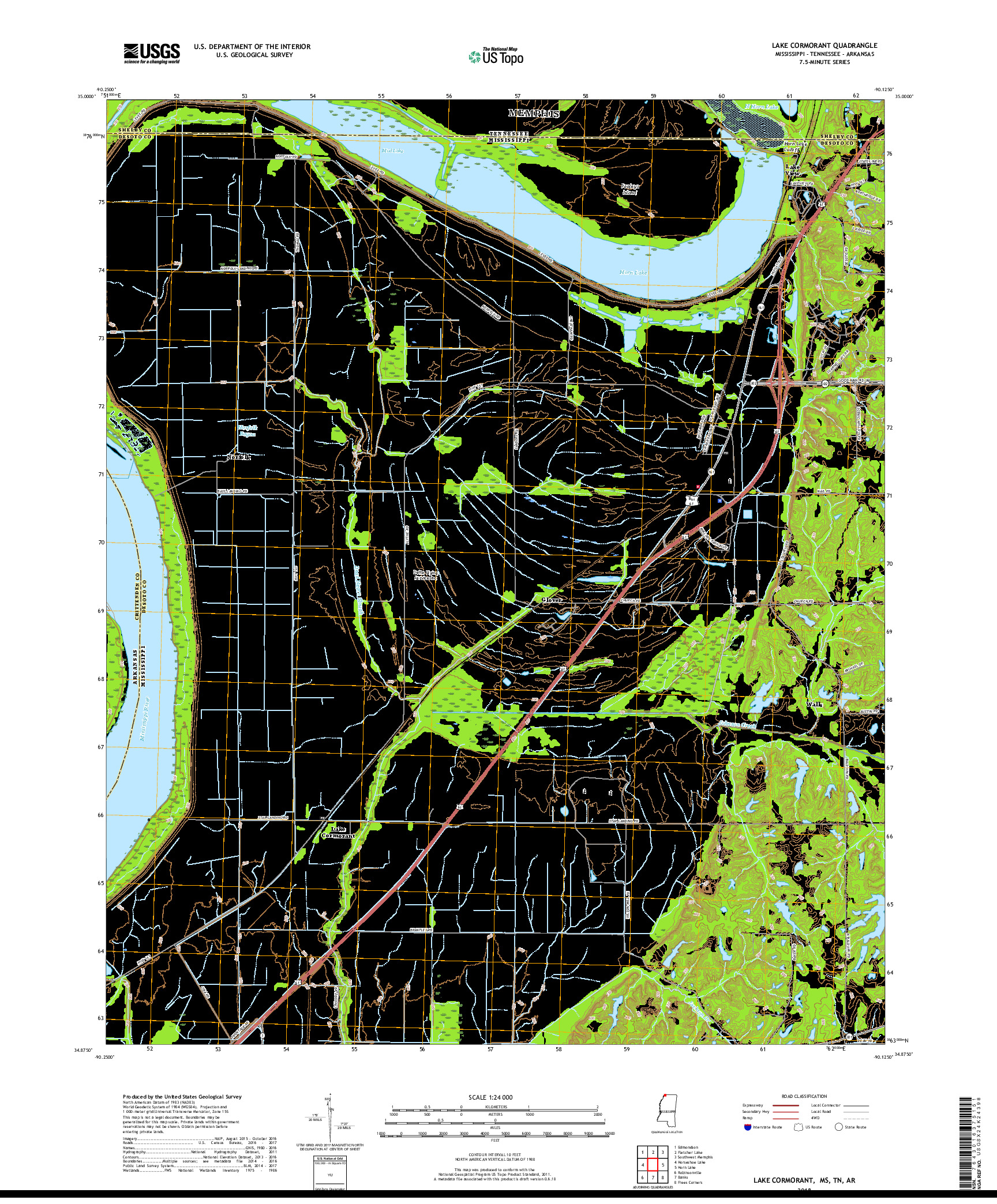 USGS US TOPO 7.5-MINUTE MAP FOR LAKE CORMORANT, MS,TN,AR 2018