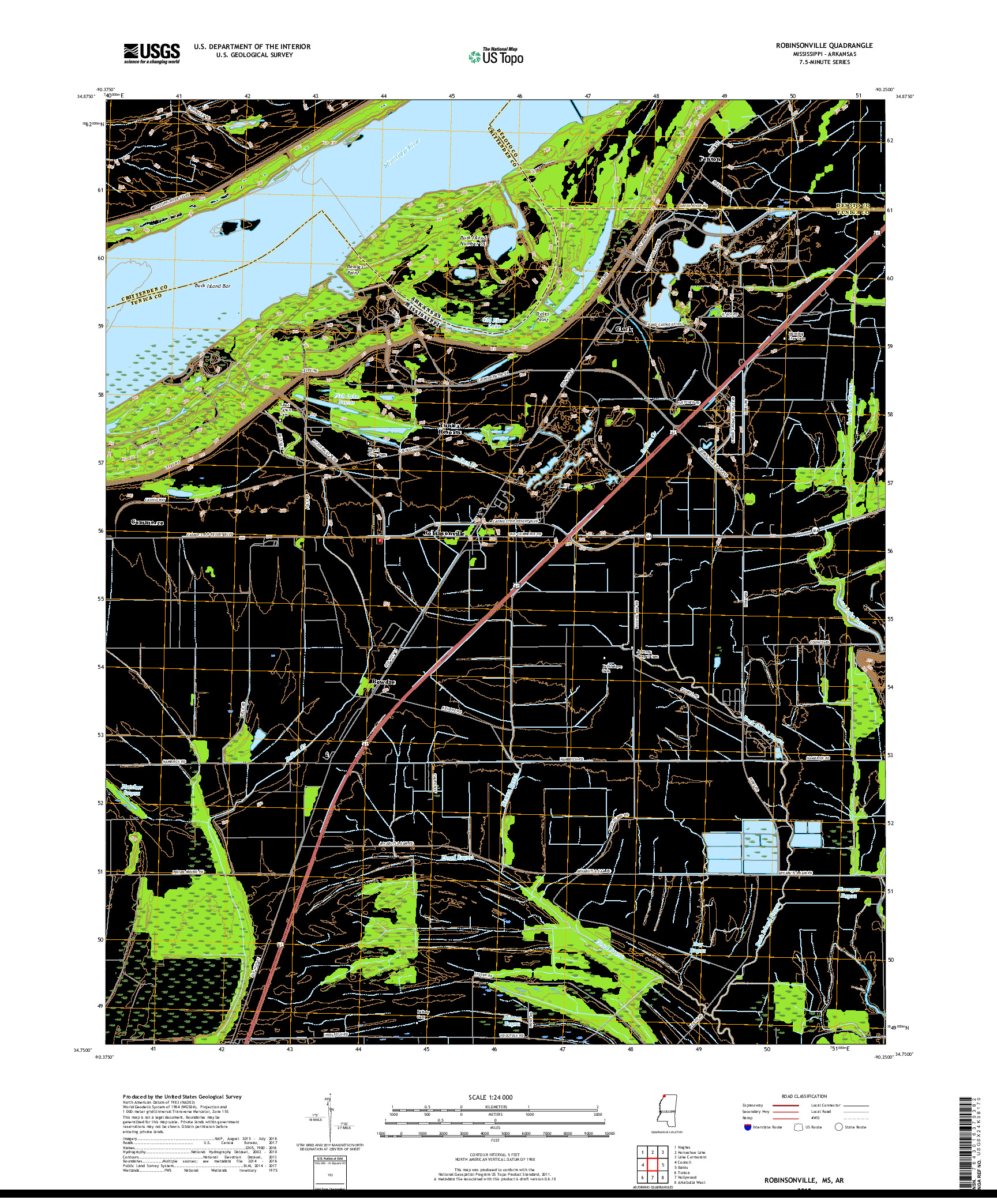 USGS US TOPO 7.5-MINUTE MAP FOR ROBINSONVILLE, MS,AR 2018