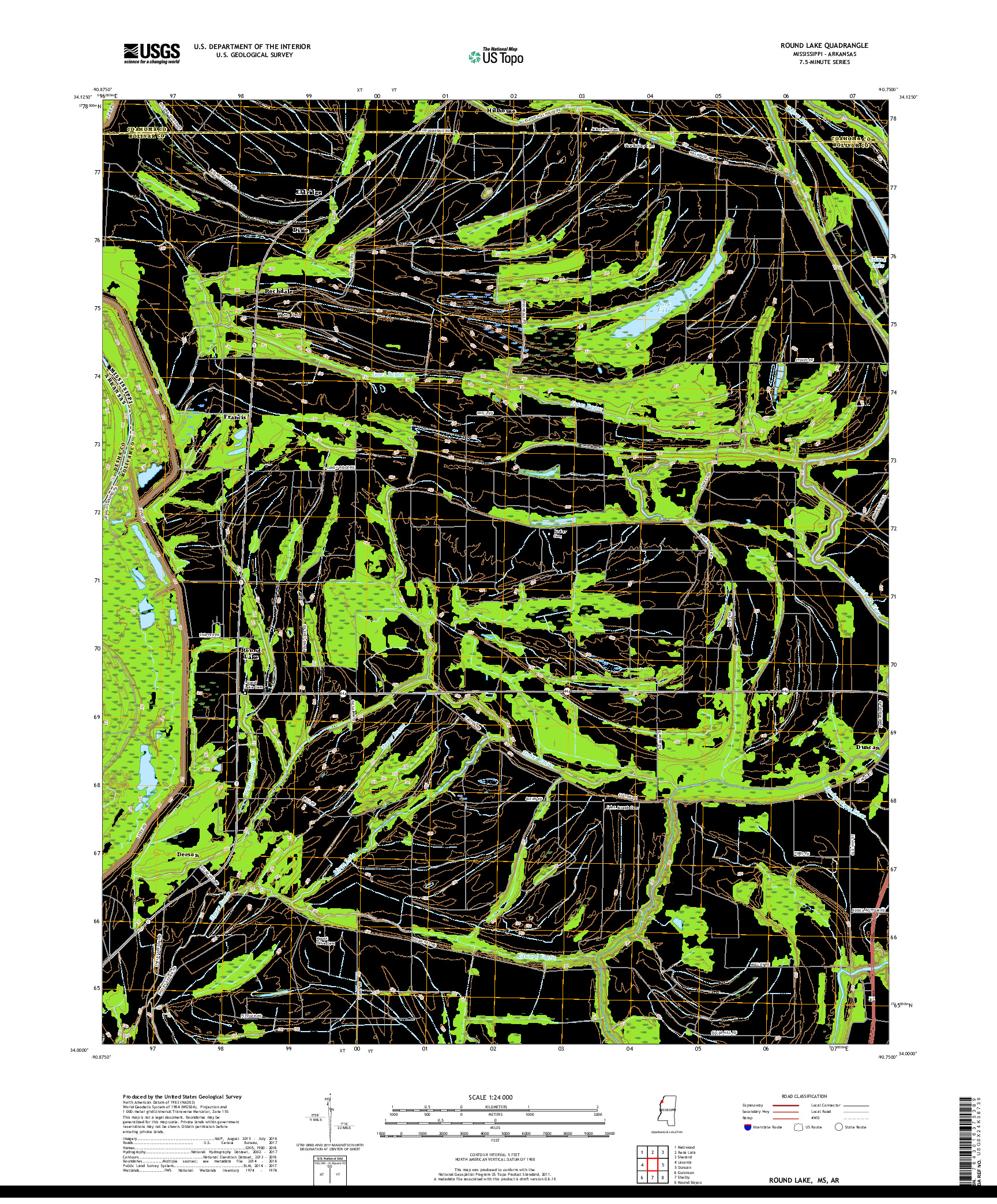 USGS US TOPO 7.5-MINUTE MAP FOR ROUND LAKE, MS,AR 2018