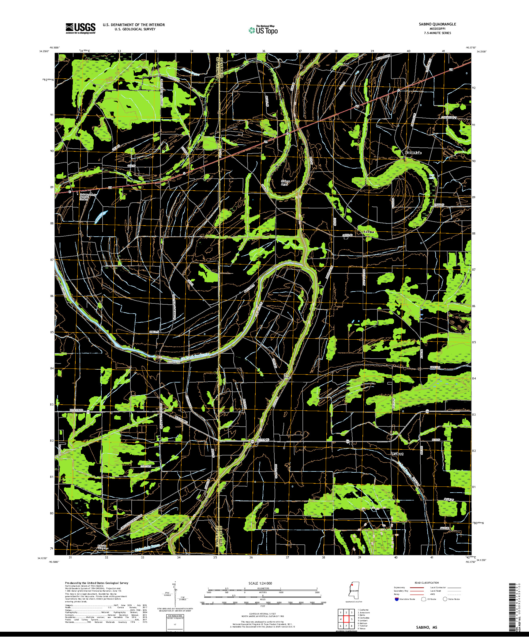 USGS US TOPO 7.5-MINUTE MAP FOR SABINO, MS 2018