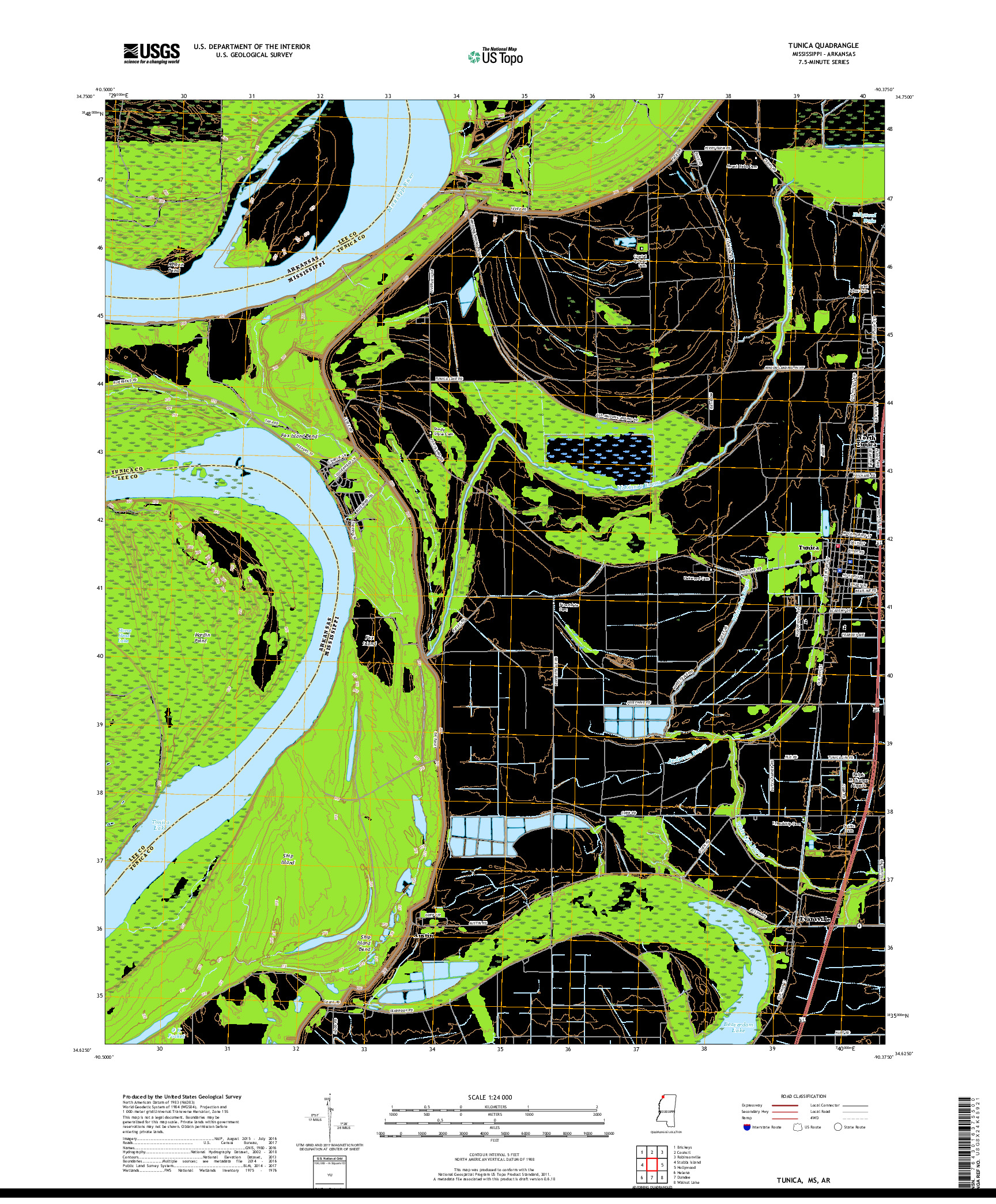 USGS US TOPO 7.5-MINUTE MAP FOR TUNICA, MS,AR 2018