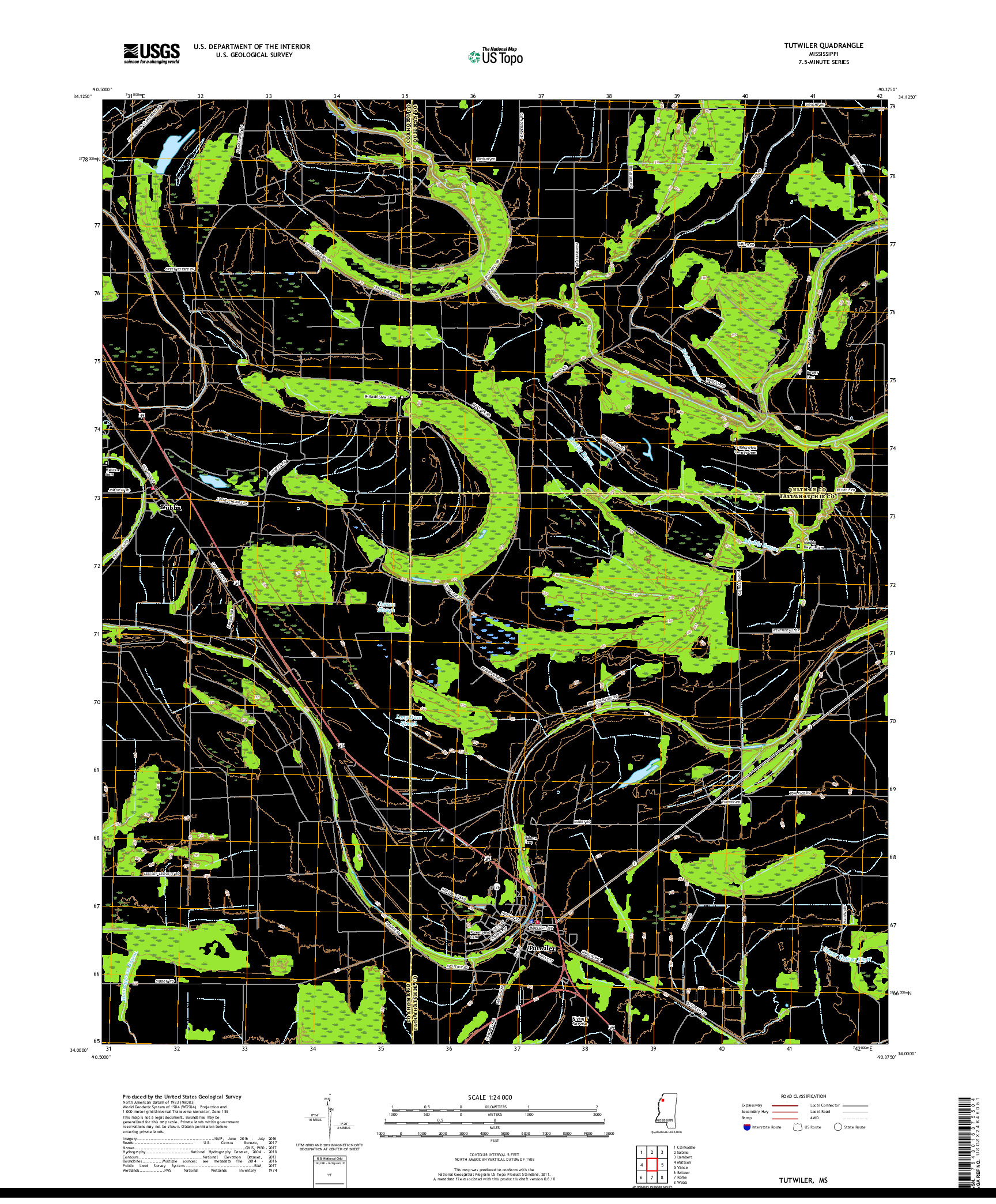 USGS US TOPO 7.5-MINUTE MAP FOR TUTWILER, MS 2018