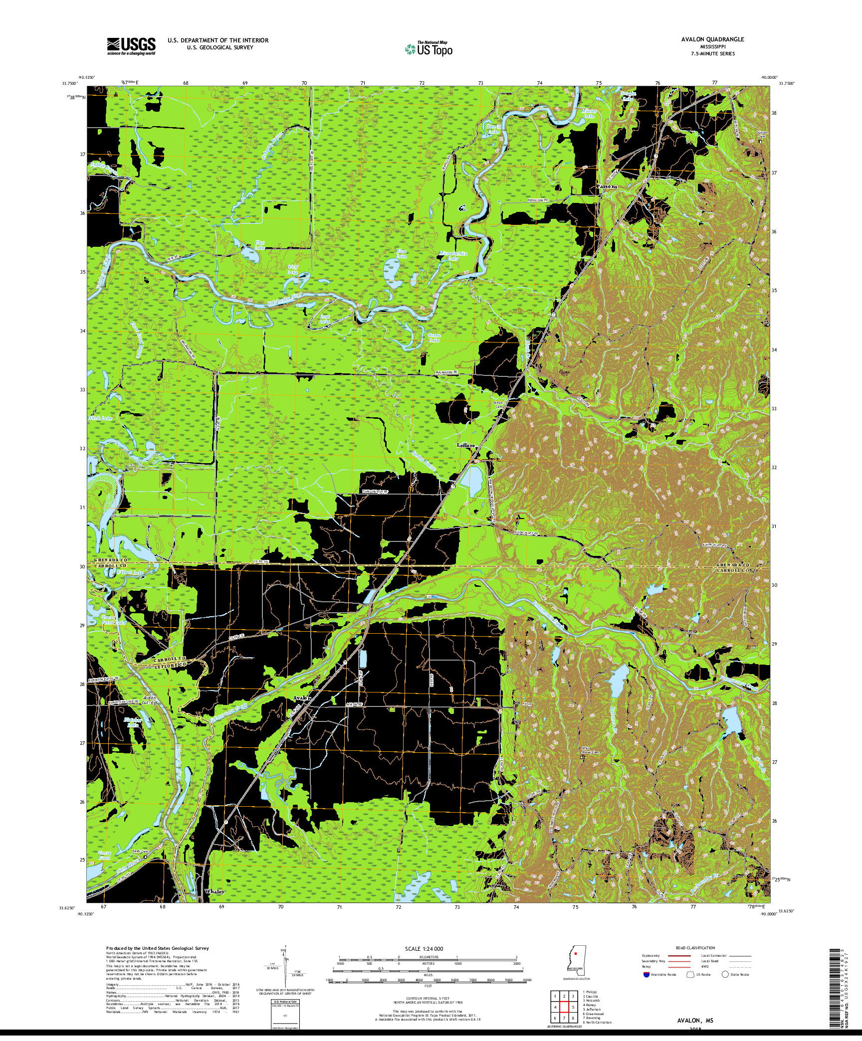 USGS US TOPO 7.5-MINUTE MAP FOR AVALON, MS 2018