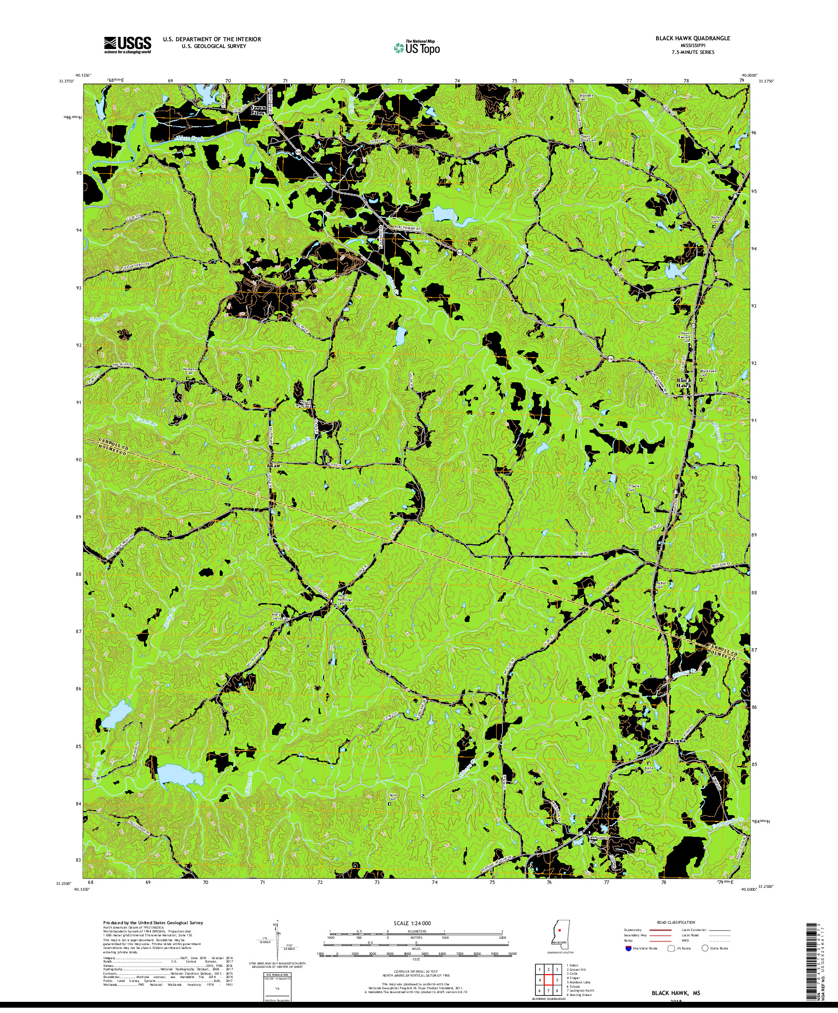 USGS US TOPO 7.5-MINUTE MAP FOR BLACK HAWK, MS 2018