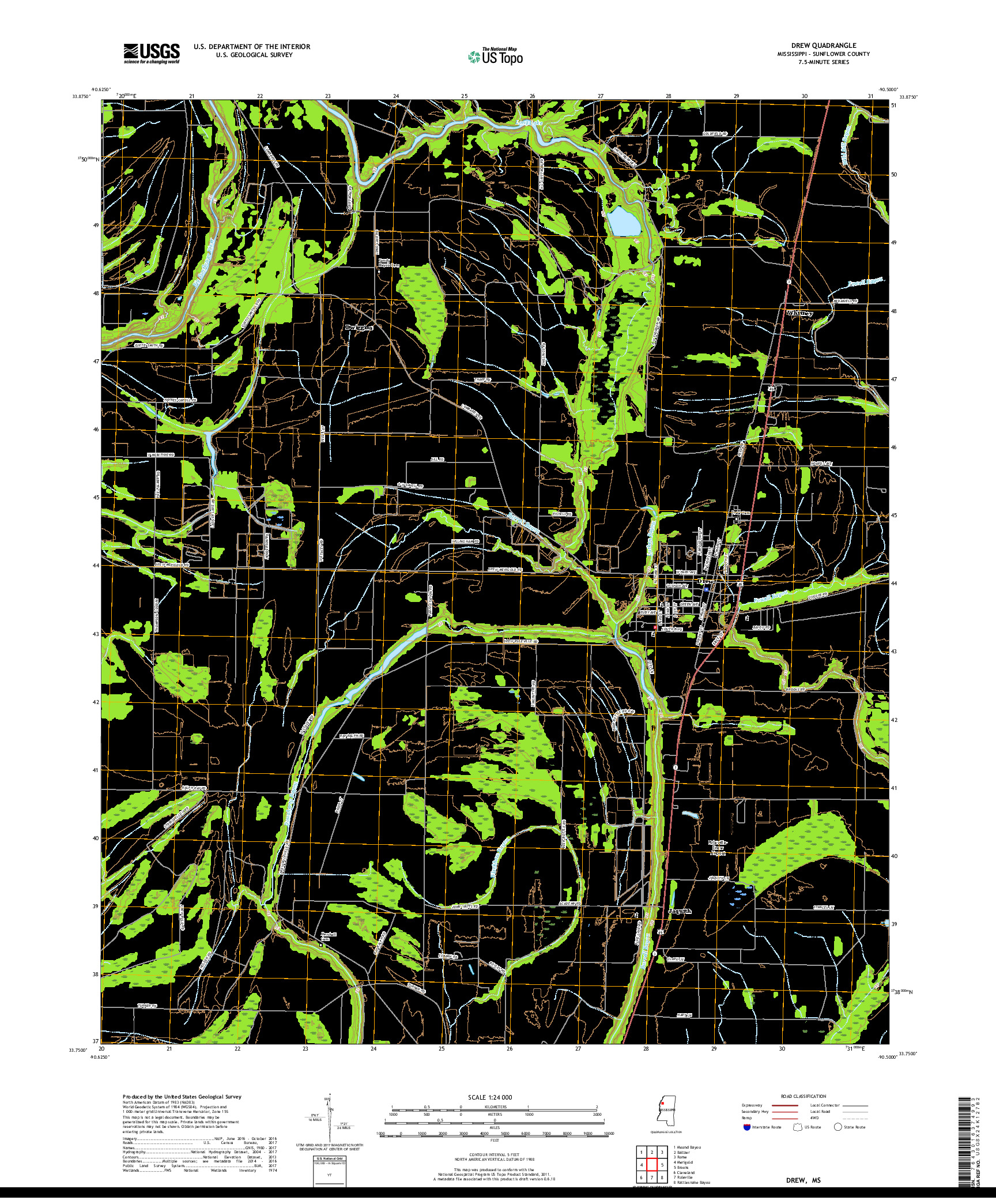 USGS US TOPO 7.5-MINUTE MAP FOR DREW, MS 2018