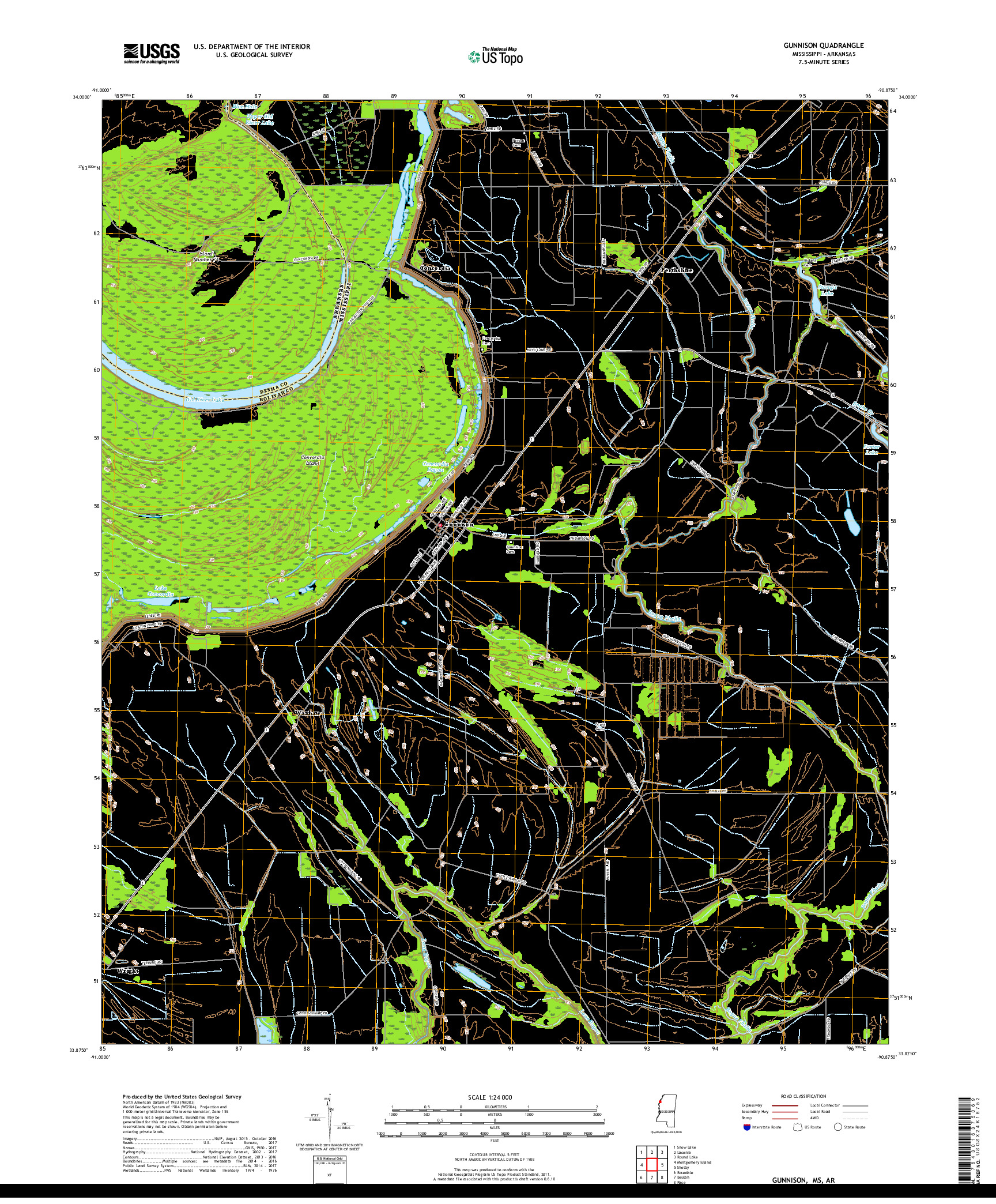 USGS US TOPO 7.5-MINUTE MAP FOR GUNNISON, MS,AR 2018