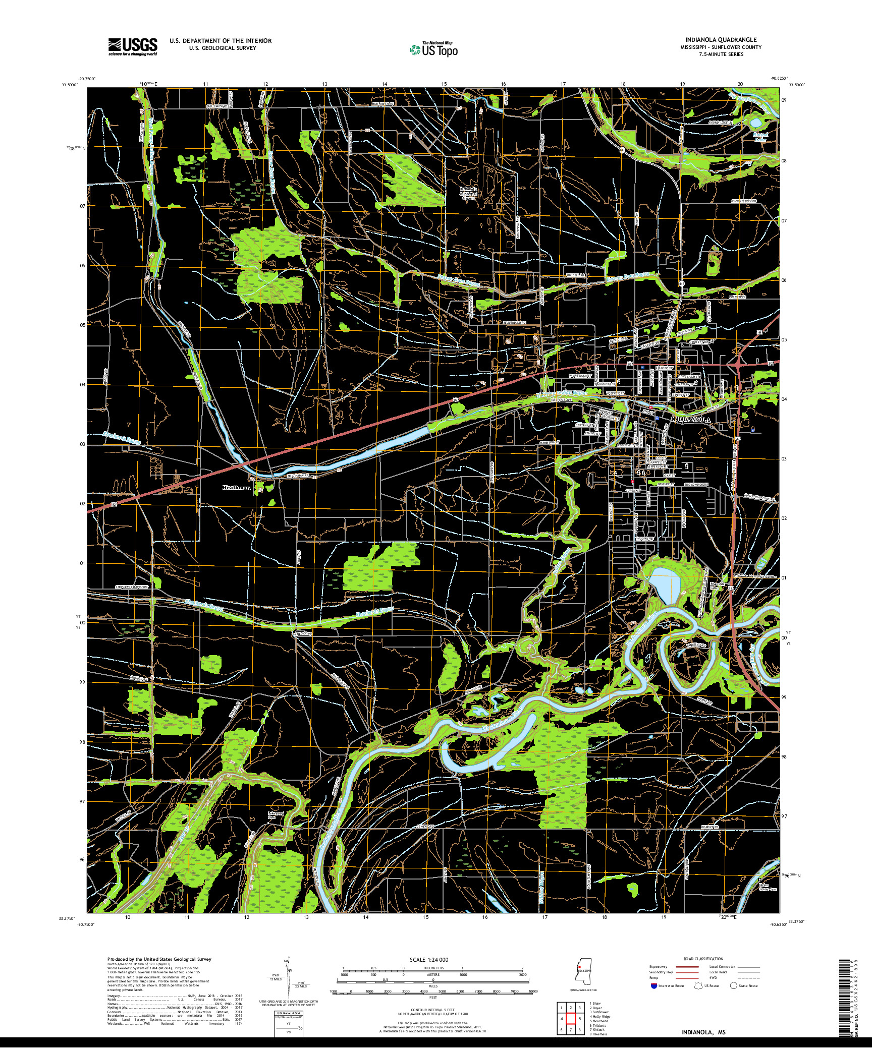 USGS US TOPO 7.5-MINUTE MAP FOR INDIANOLA, MS 2018