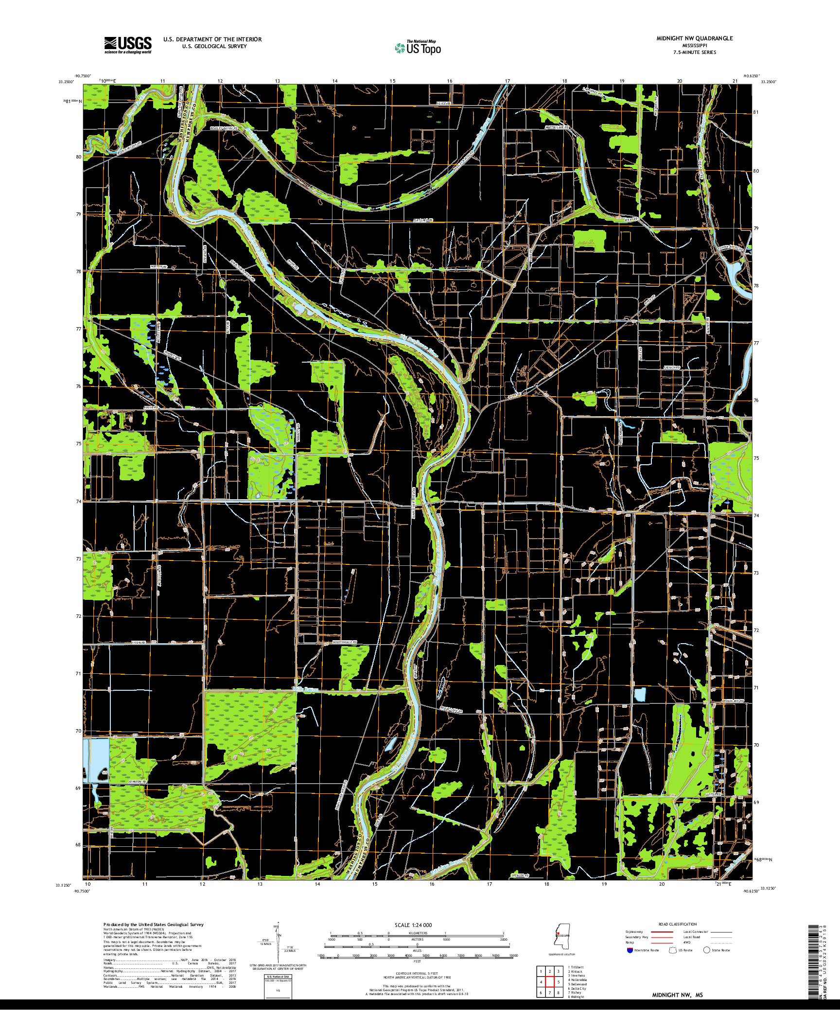 USGS US TOPO 7.5-MINUTE MAP FOR MIDNIGHT NW, MS 2018