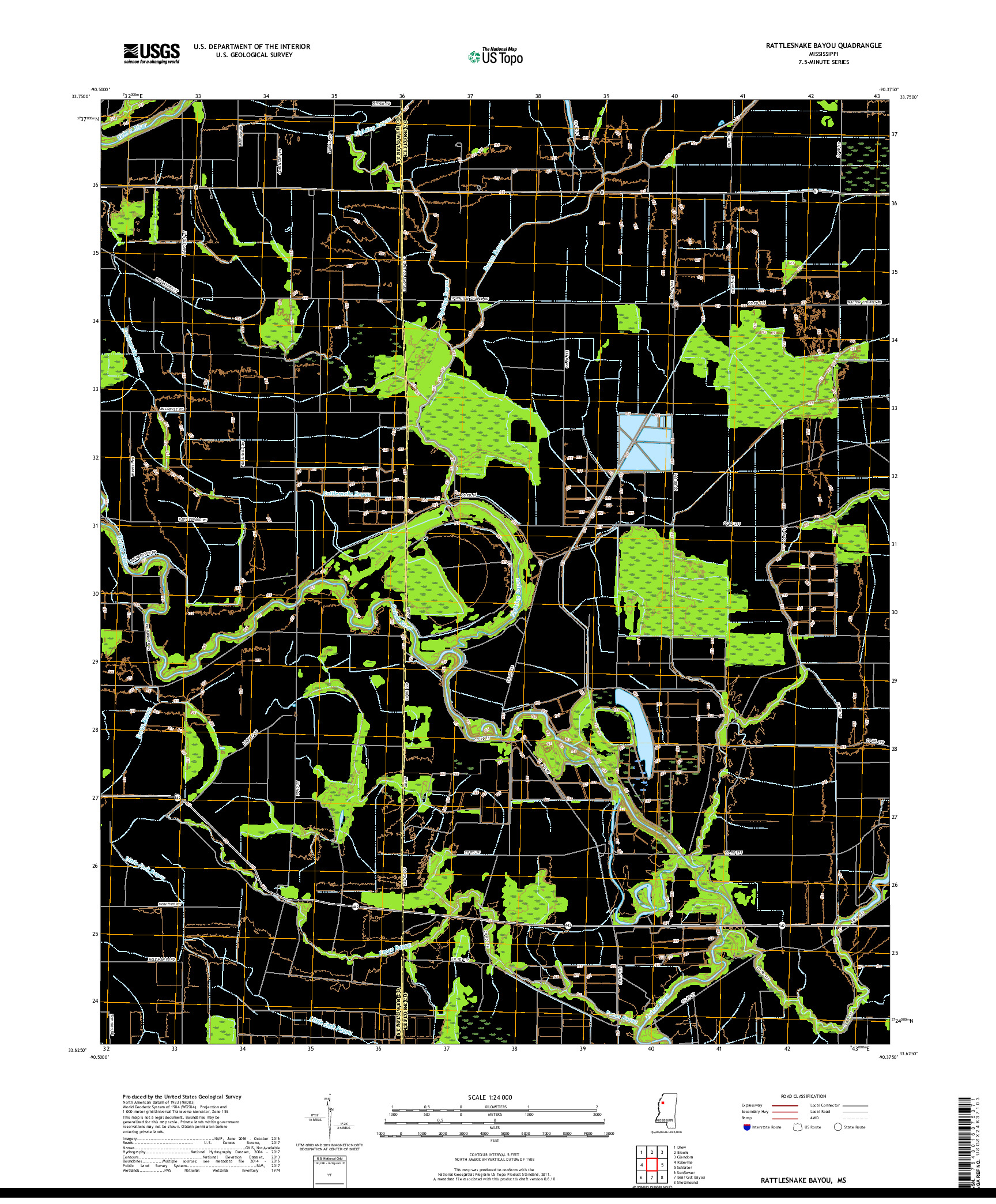 USGS US TOPO 7.5-MINUTE MAP FOR RATTLESNAKE BAYOU, MS 2018