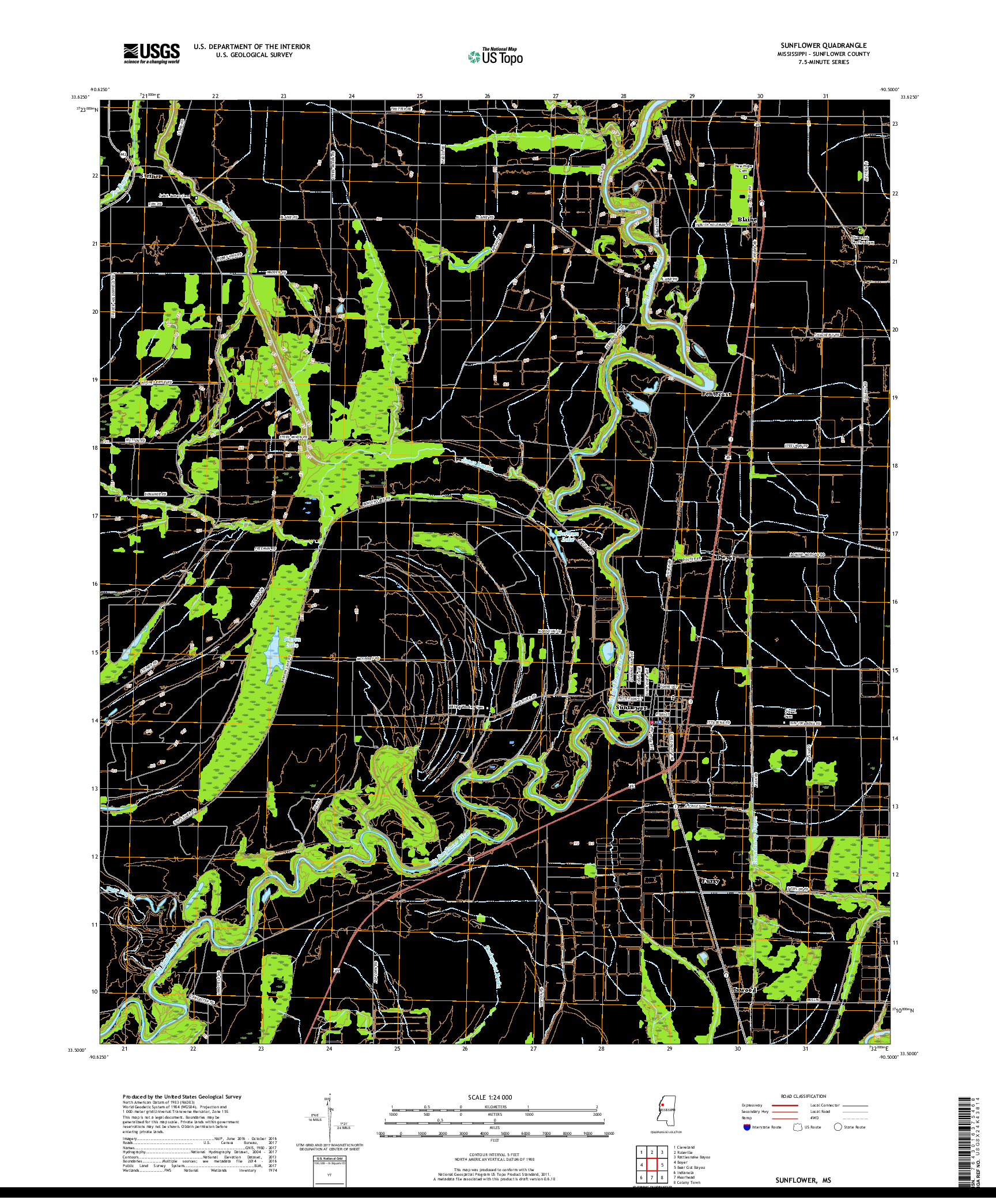 USGS US TOPO 7.5-MINUTE MAP FOR SUNFLOWER, MS 2018