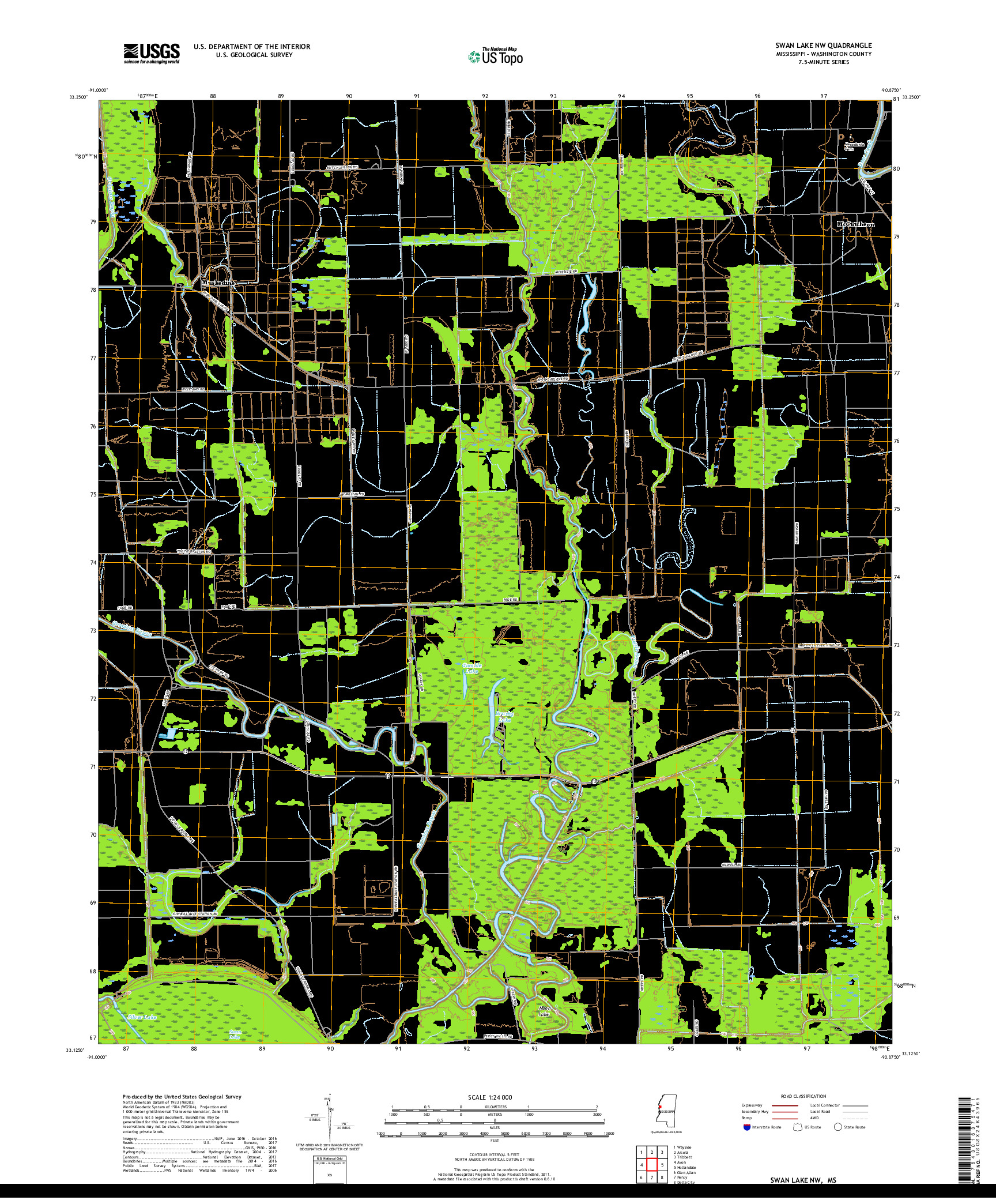 USGS US TOPO 7.5-MINUTE MAP FOR SWAN LAKE NW, MS 2018