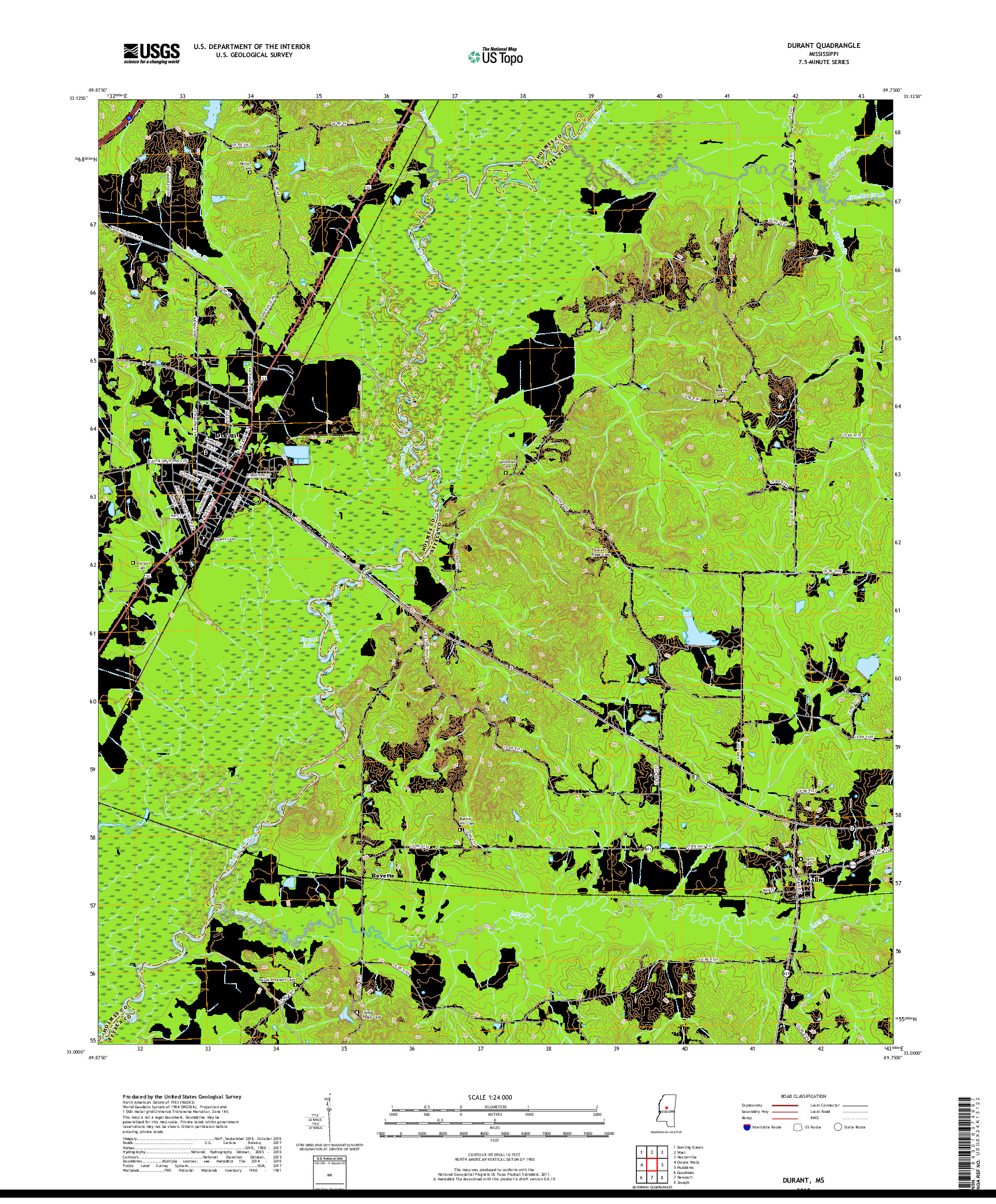 USGS US TOPO 7.5-MINUTE MAP FOR DURANT, MS 2018