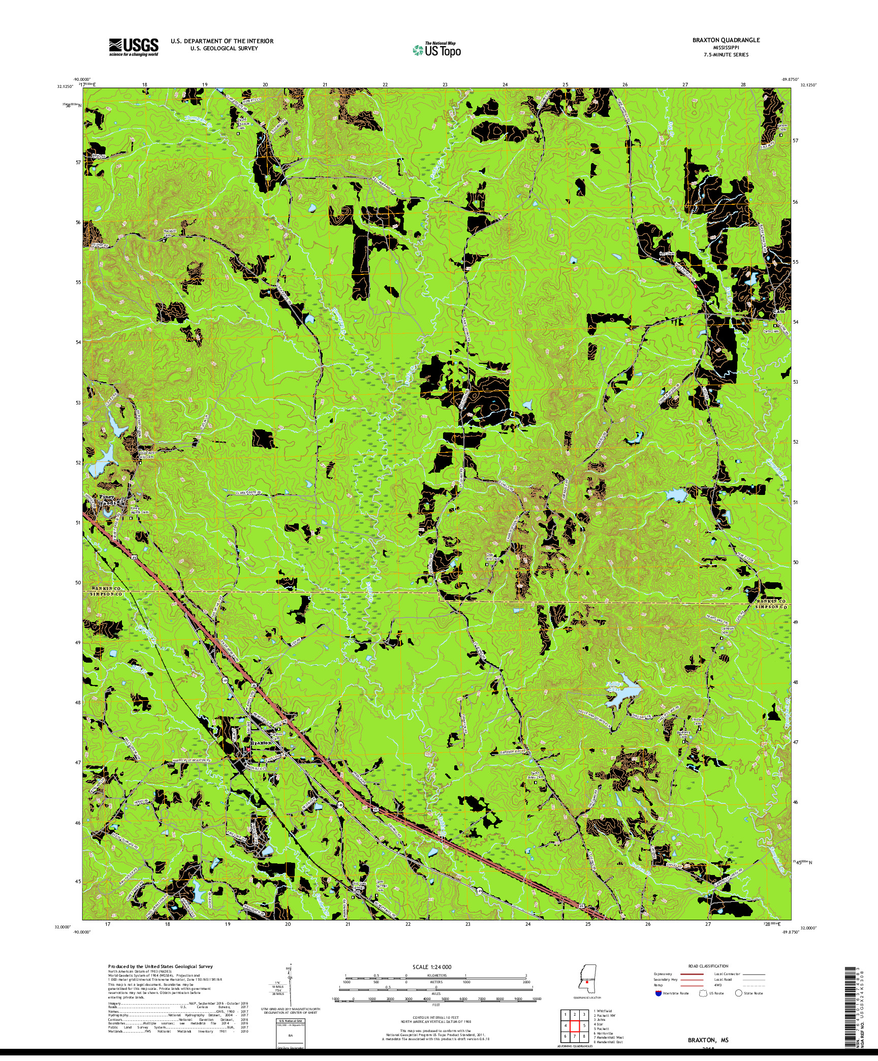 USGS US TOPO 7.5-MINUTE MAP FOR BRAXTON, MS 2018