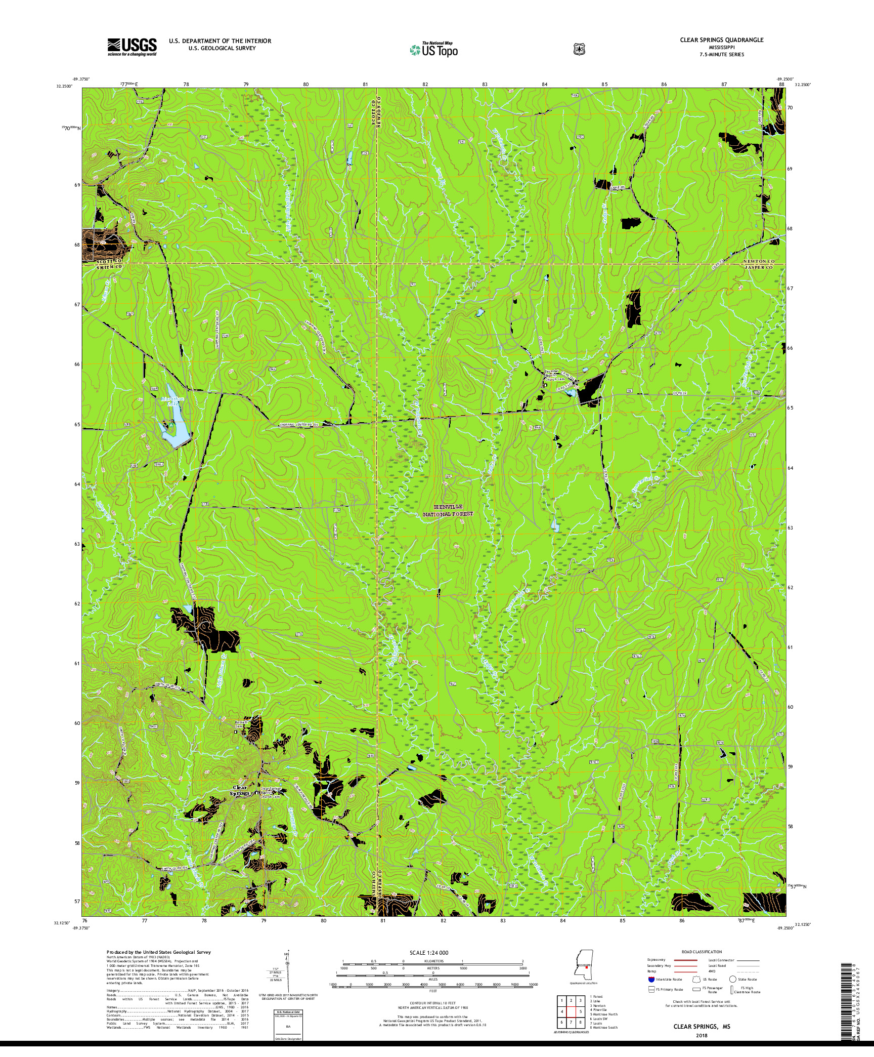 USGS US TOPO 7.5-MINUTE MAP FOR CLEAR SPRINGS, MS 2018
